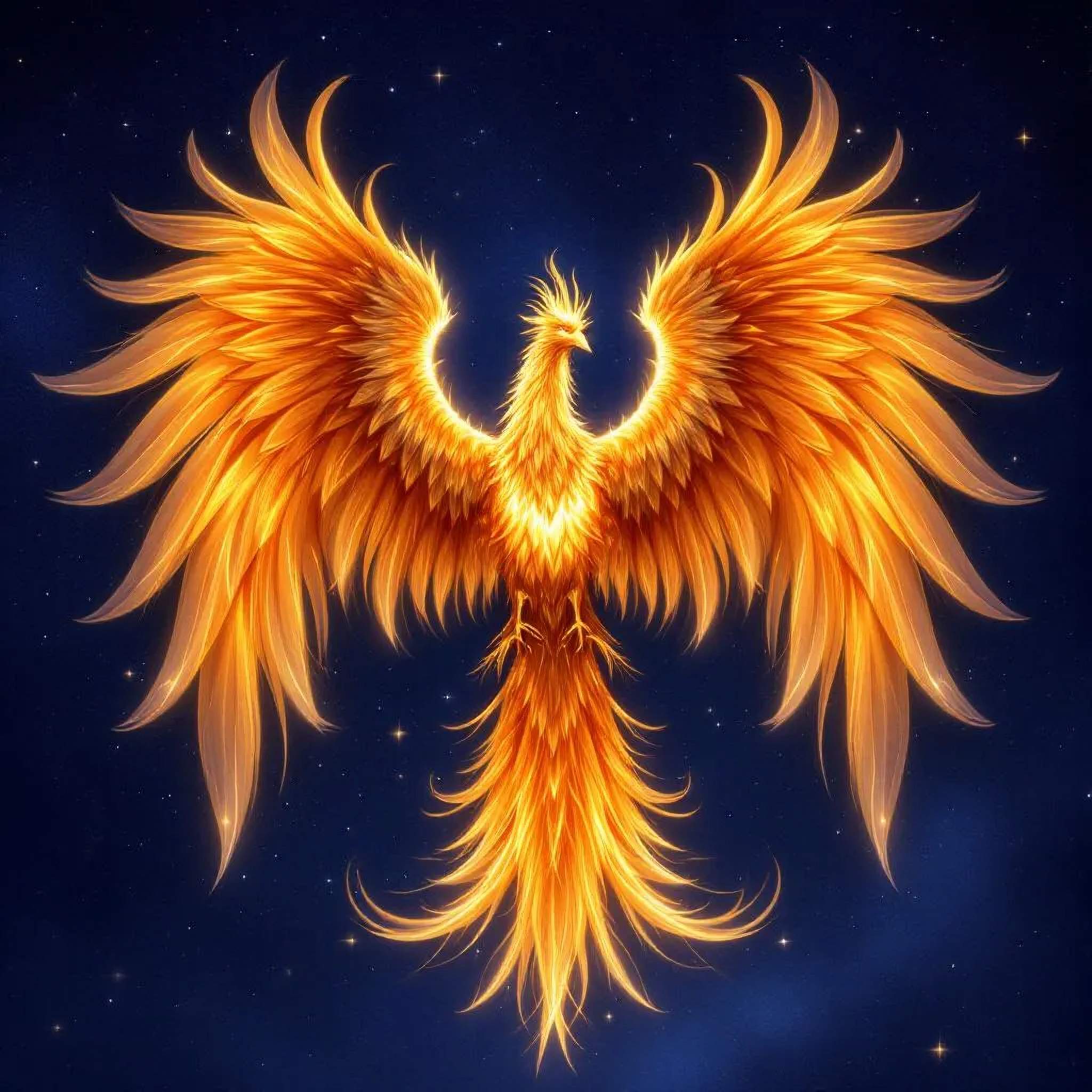 A beautiful, detailed, fiery orange phoenix with glowing wings against a dark, starry background.