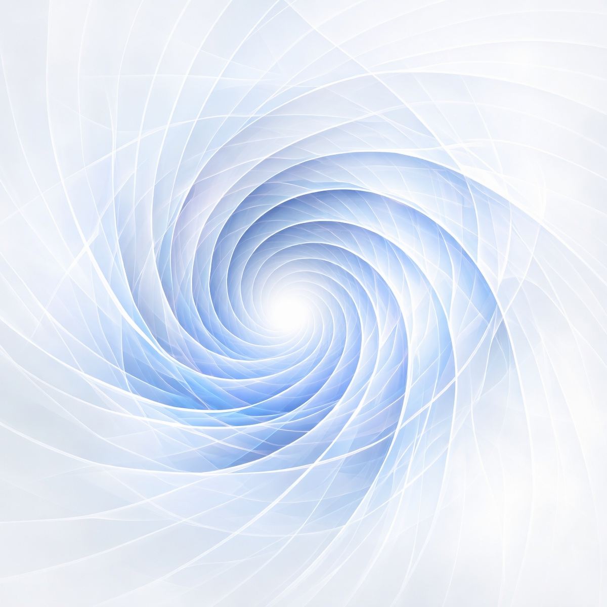 An ethereal white and sky-blue digital vortex with translucent, swirling geometric light ribbons spiralling inward.