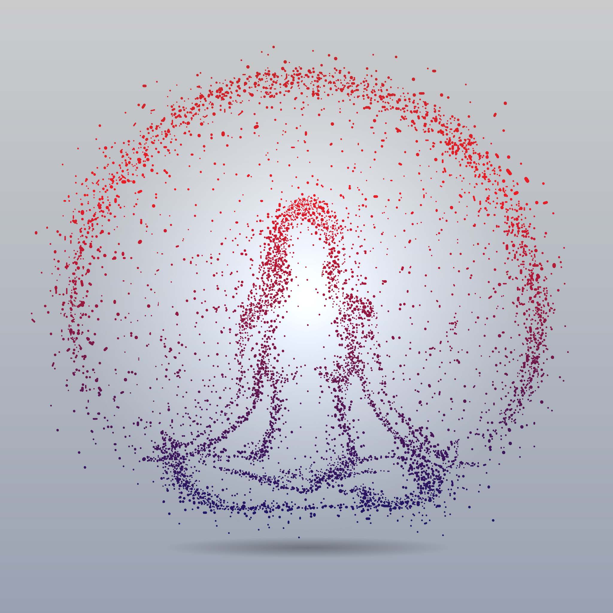 A person in a meditation pose is created and surrounded with red and purple dots on a light grey background.