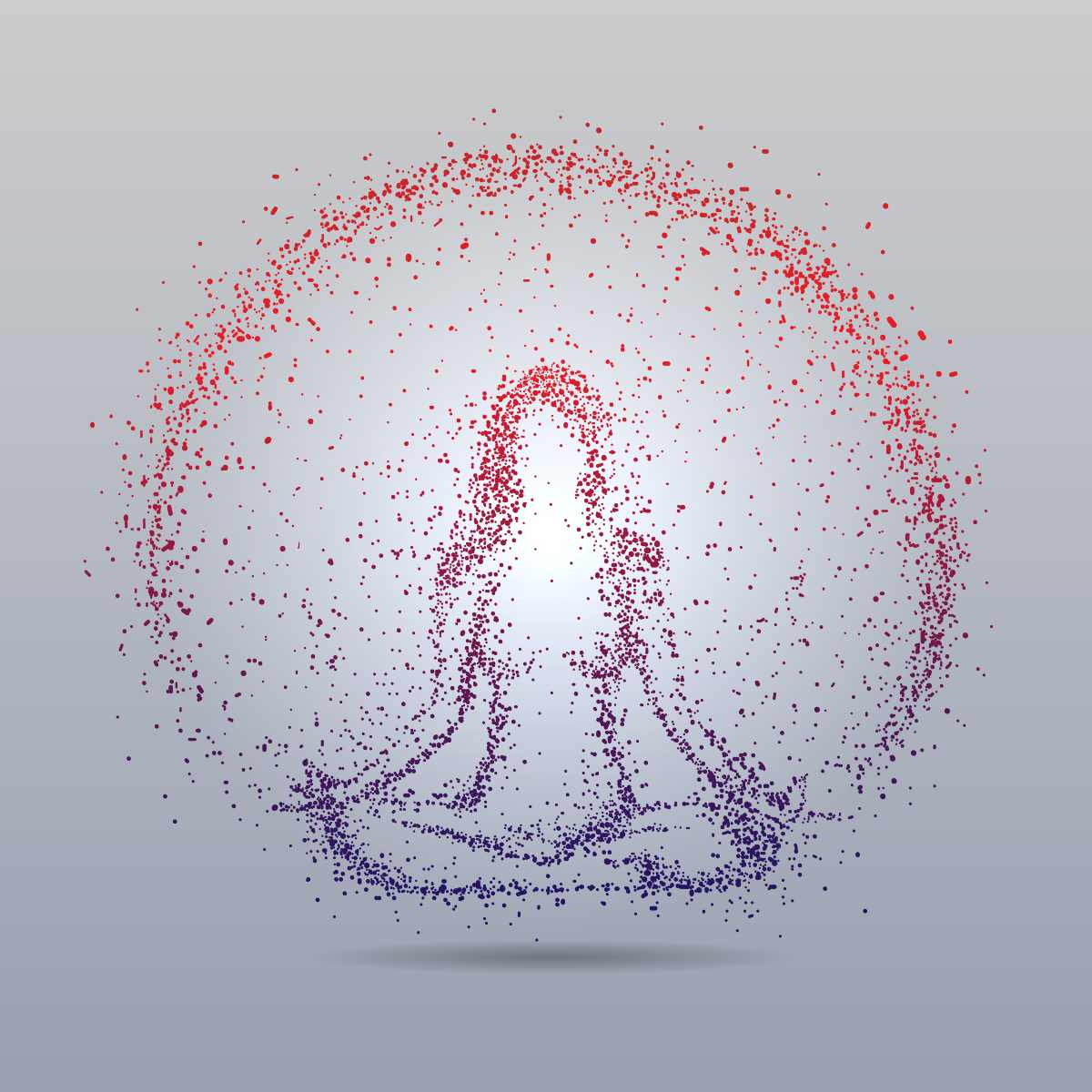 A person in a meditation pose is created and surrounded with red and purple dots on a light grey background.