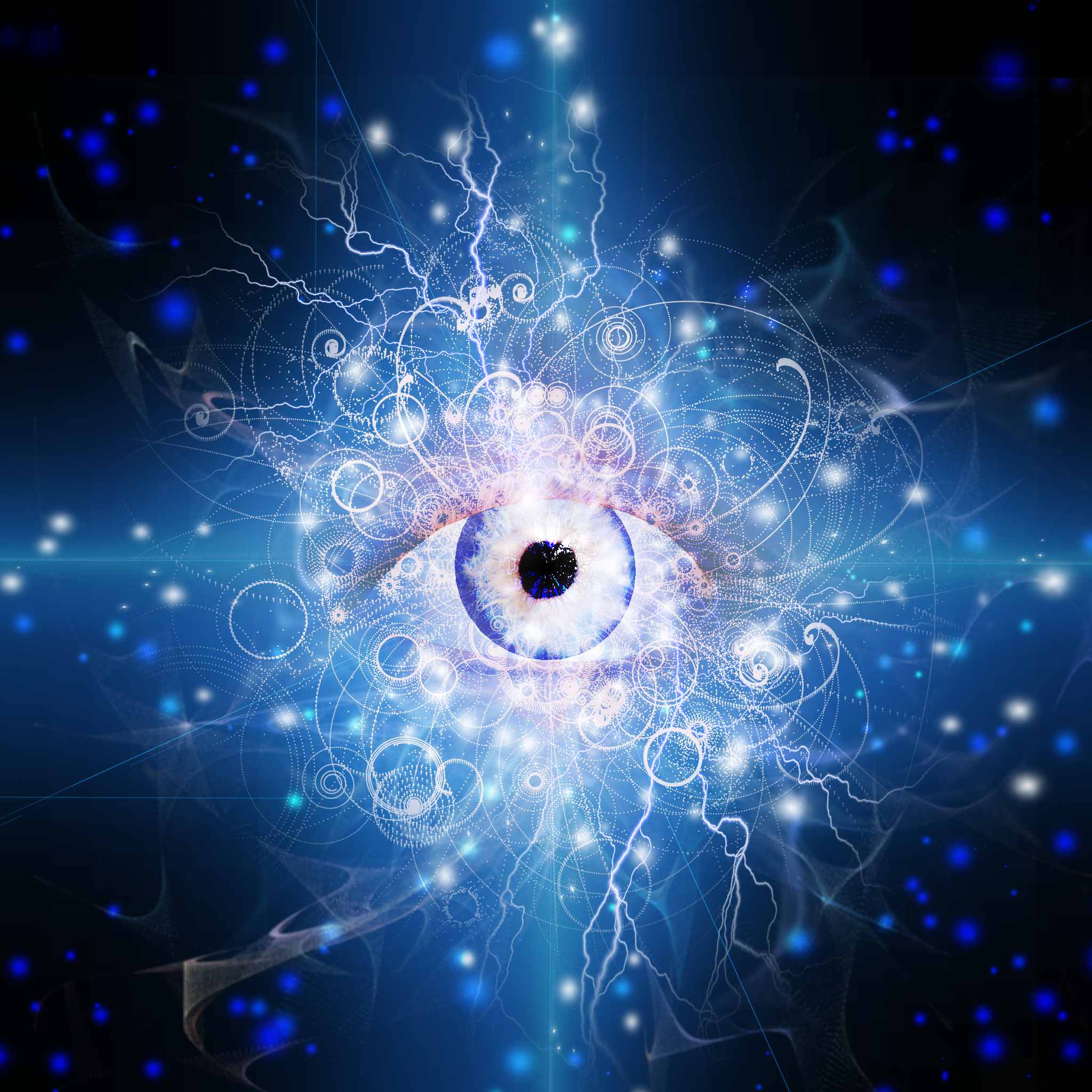 A highly complex, deep blue and white digital illustration of a realistic eye at the centre, surrounded by swirling energy, faint geometric shapes, lightning bolts, and numerous sparks of light. The intense, glowing energy emanating from the central eye represents the heightened senses and clarity of the psychic path alignment dedication.