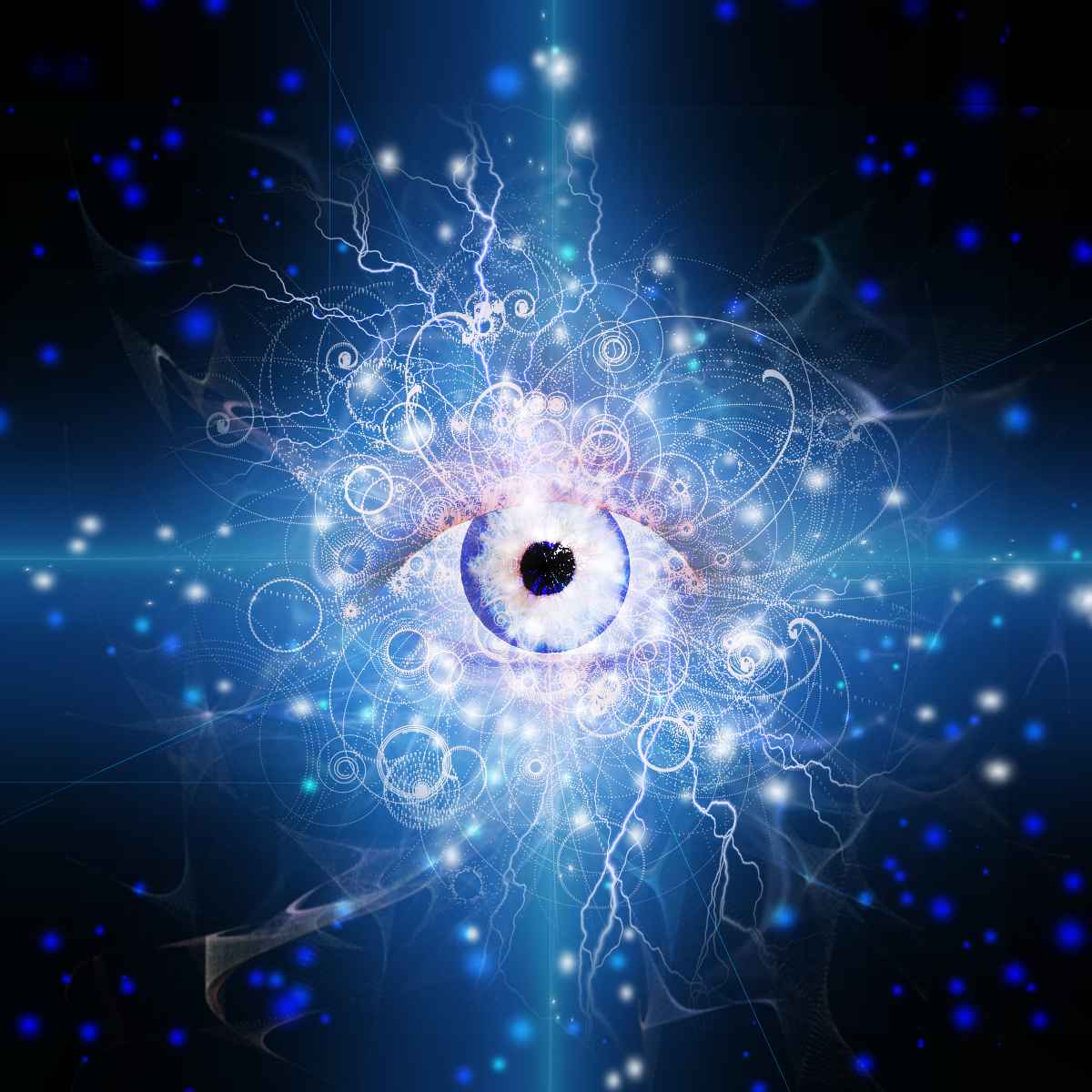 Abstract design with a central third eye-like figure surrounded by blue and white lights on a dark background.