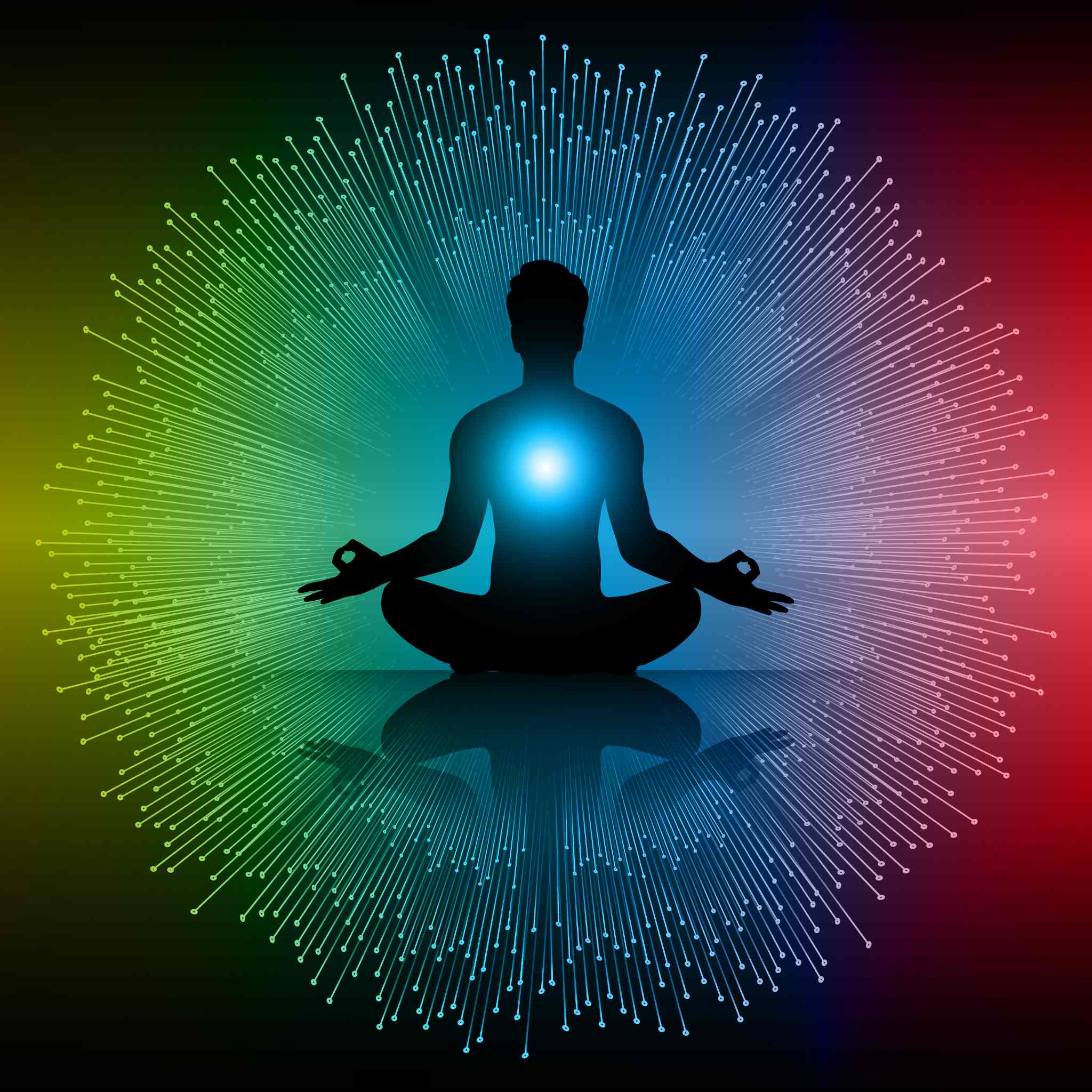 A dark silhouette of a person meditating in a lotus position, centred in front of a circular pattern of thousands of tiny, colourful light beams radiating outward in a spectrum of red, green, and blue, with a bright blue glow at the heart centre.