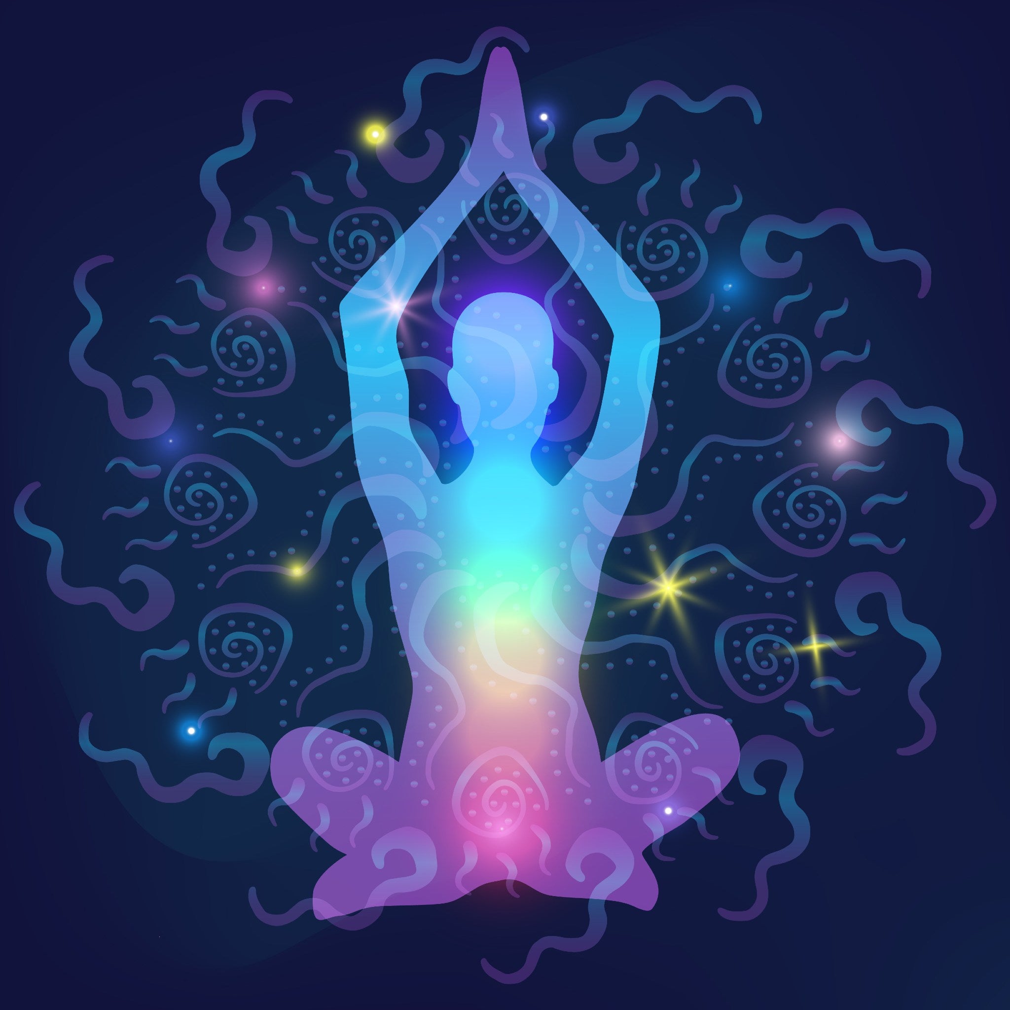 A translucent, glowing figure in a yoga or meditation pose with arms raised overhead, showing a rainbow colour gradient through the torso, set against a dark blue background with glowing purple mandala patterns and scattered twinkling stars.