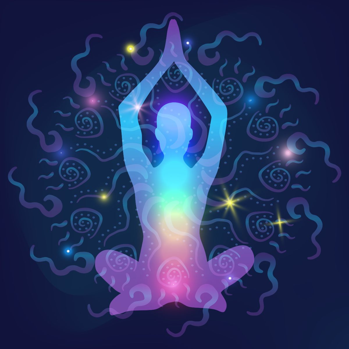 Colourful silhouette of a person in a meditative pose with abstract star designs on a dark background.