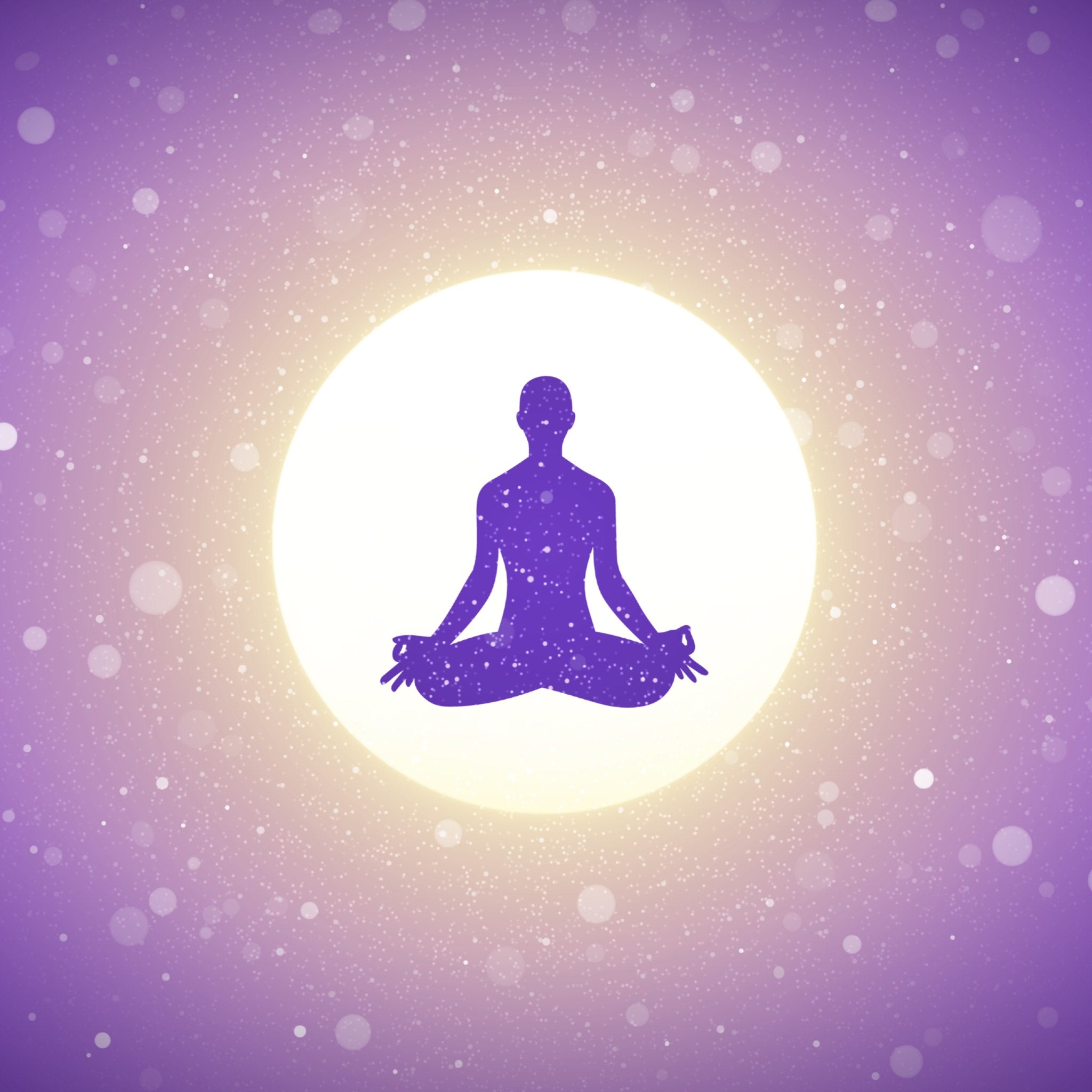 Silhouette of a person in meditation pose on a bright circle with a purple gradient background.