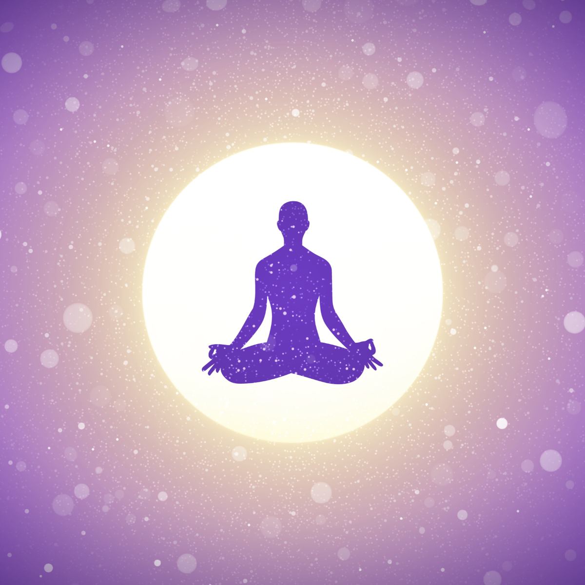 Silhouette of a person in meditation pose on a bright circle with a purple gradient background.