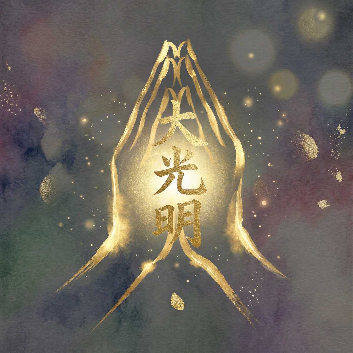 Reiki Grand Master attunements praying hands with a gold master teacher symbol on dark watercolour background with gold sparkles.