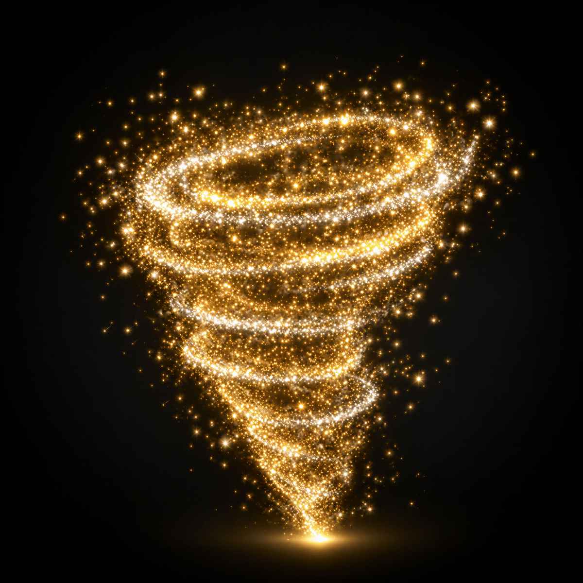 Spinning and swirling gold energy with shimmers of light against a black background.