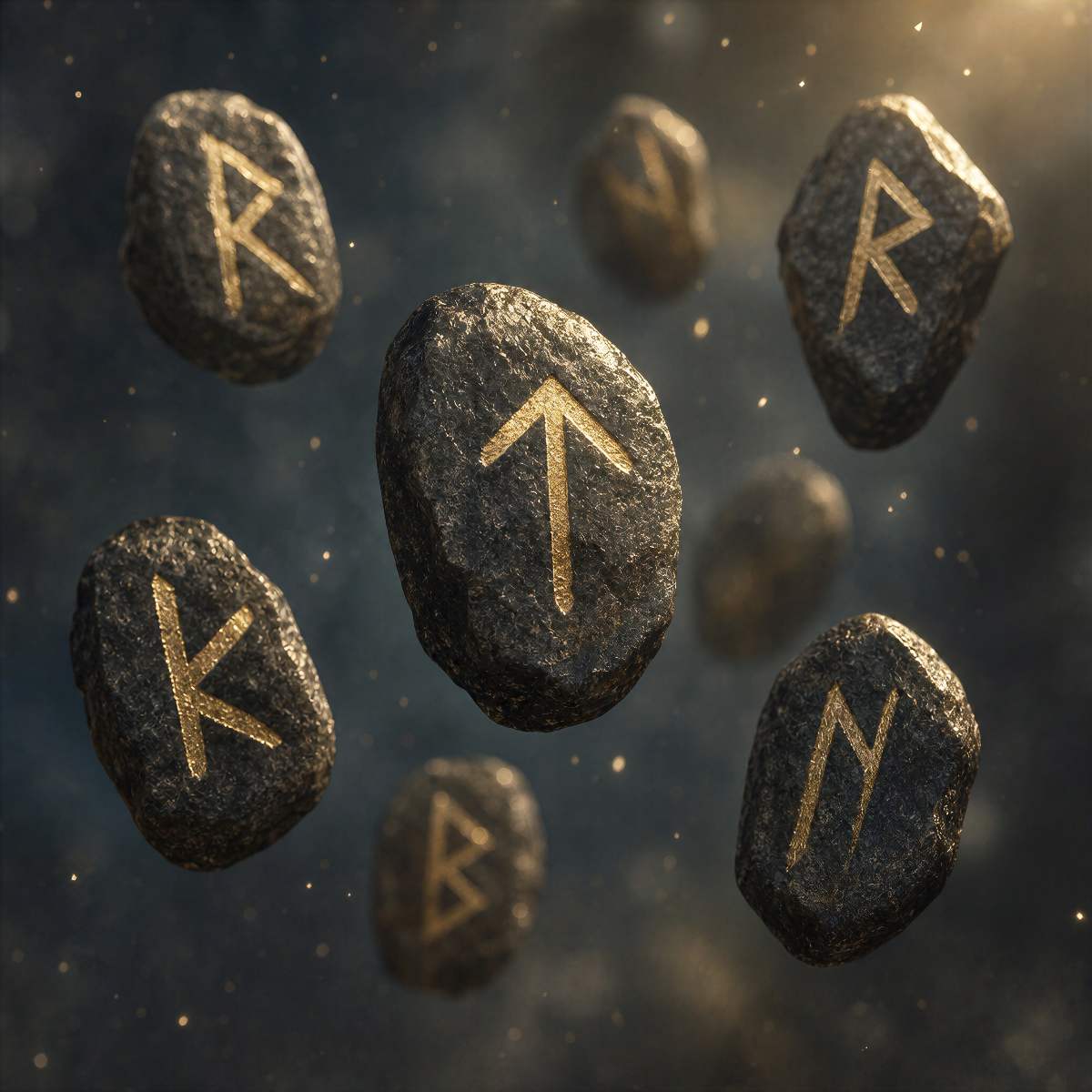 Dark rune stones with gold engraved symbols floating against an atmospheric background with gold light.