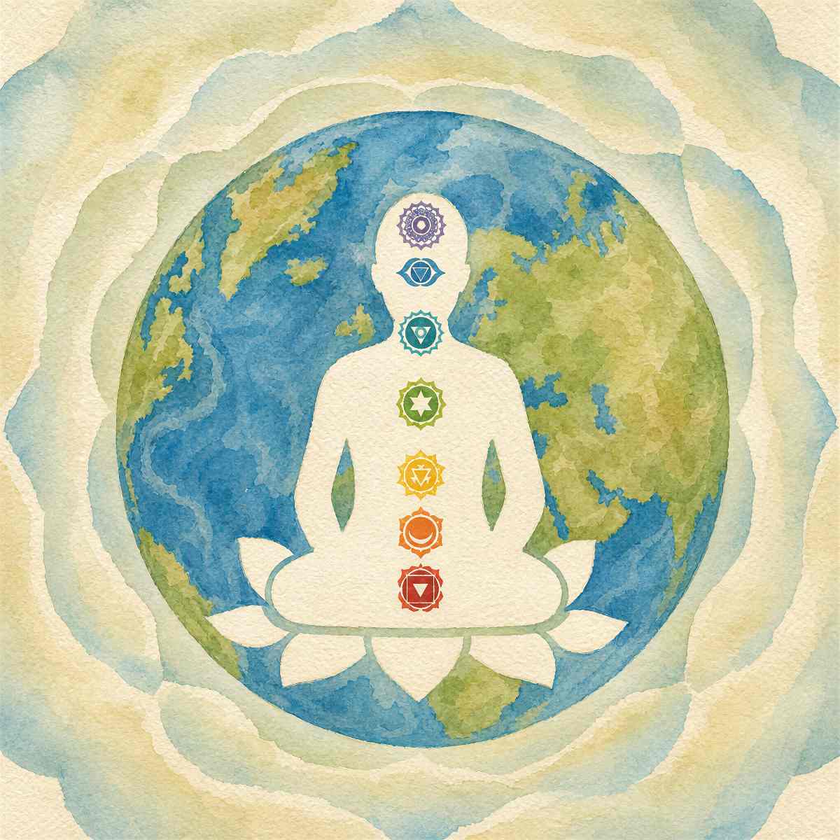 Watercolour illustration of a white meditating silhouette with seven chakra symbols, seated on a lotus flower against planet Earth framed by soft concentric chakra petals.