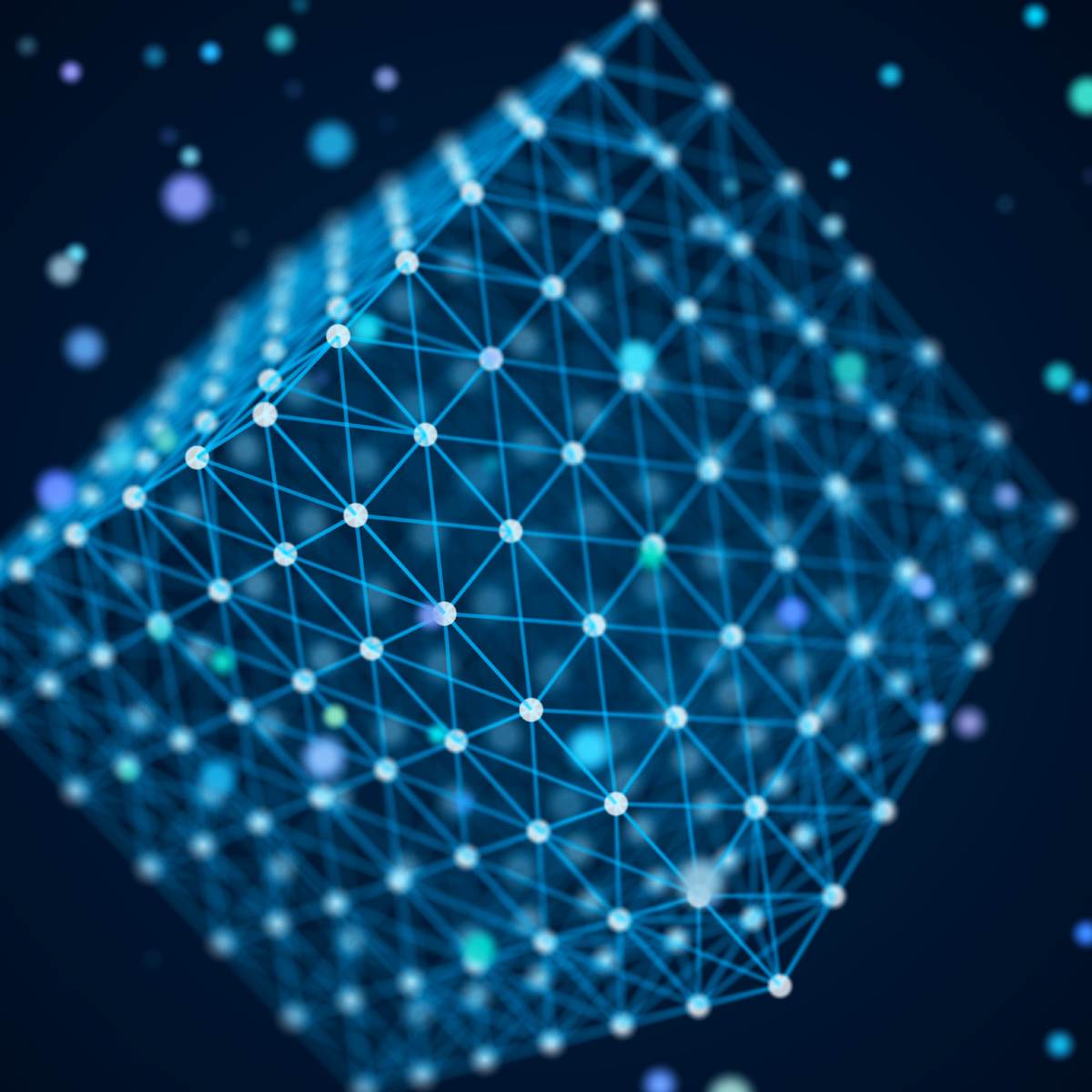 Geometric cube made of dots and lines on a dark blue background.