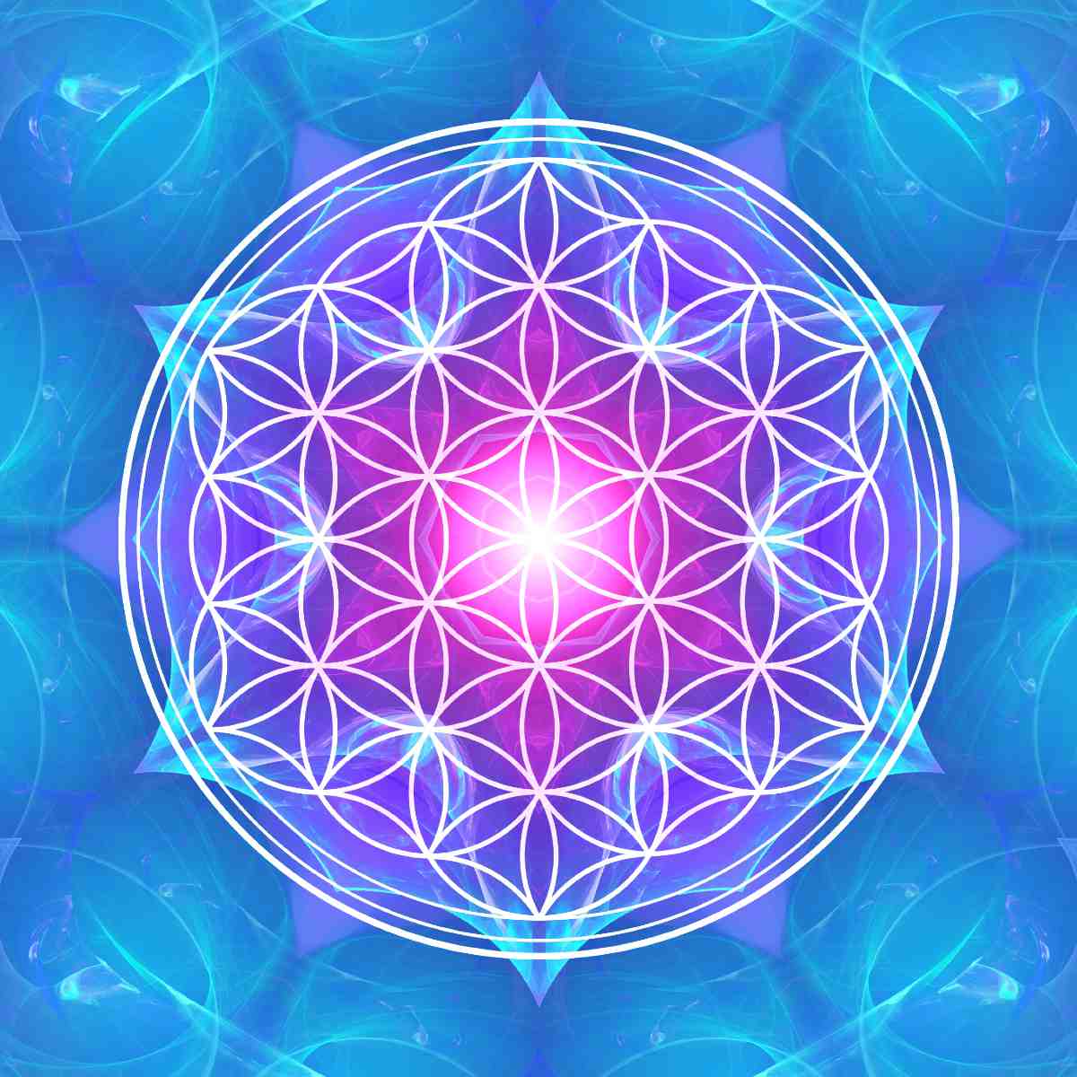 Flower of life geometric shape on a blue and purple gradient background.