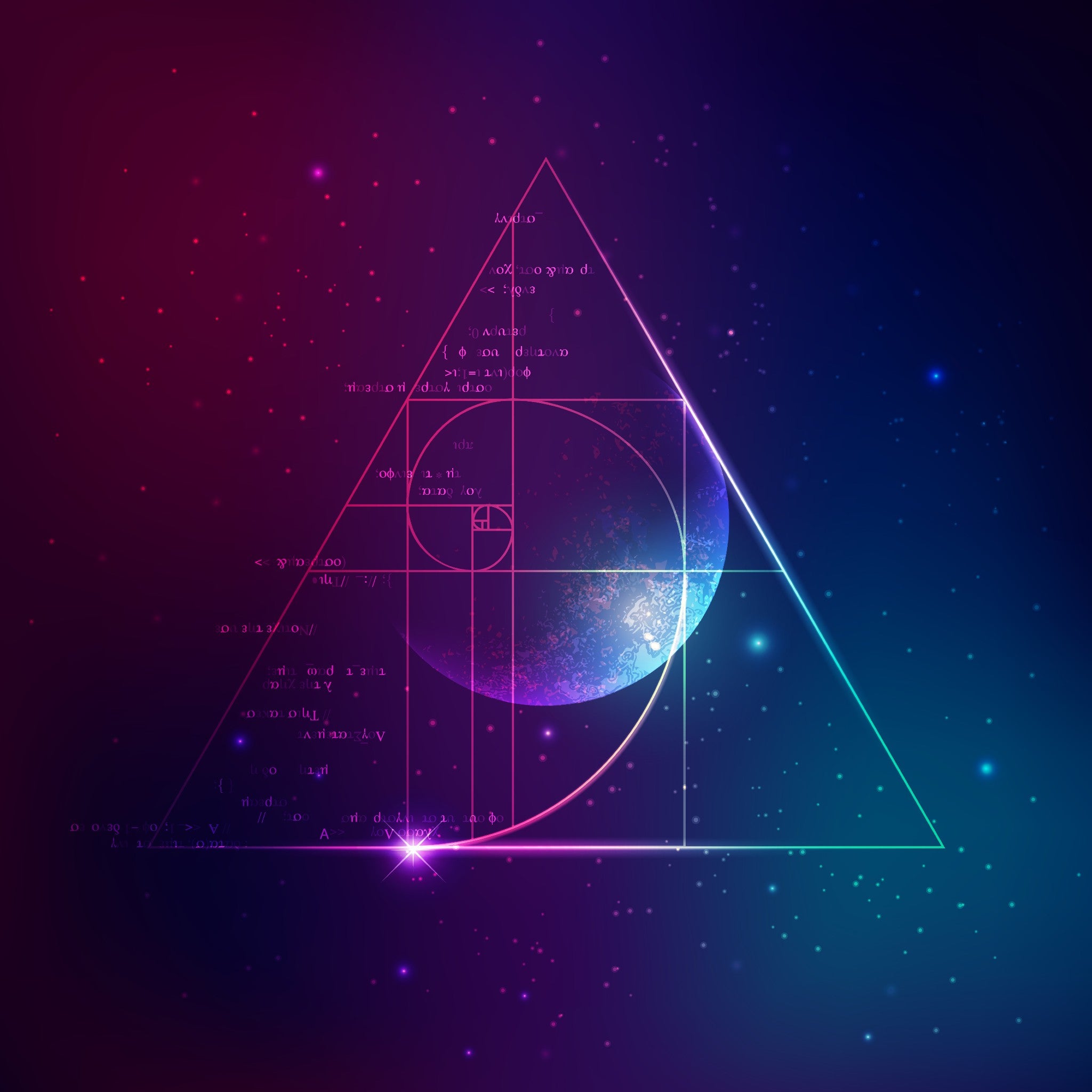 An abstract graphic of a glowing neon pyramid overlaid with a Fibonacci spiral and digital code, set against a dark, cosmic, purple and blue starry background.