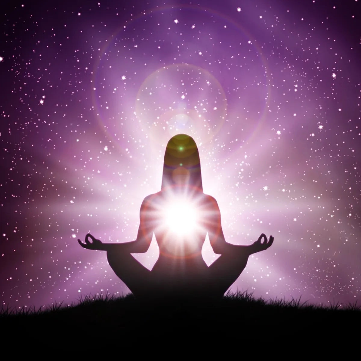 Silhouette of a meditating figure with a glowing light at their heart centre, against a starry night sky, symbolising spiritual rites and connection to the divine.