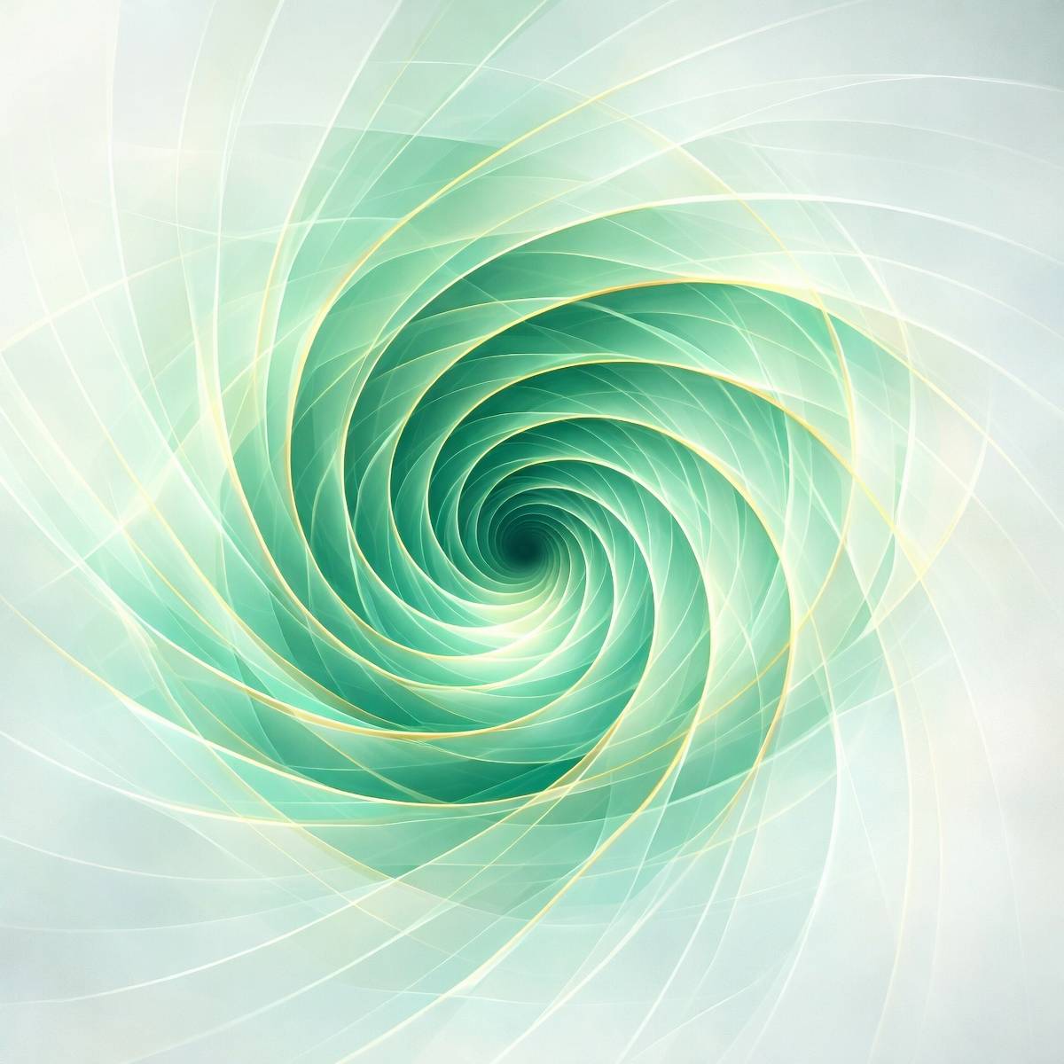 An ethereal white and emerald green digital vortex with translucent geometric light ribbons spiralling inward.