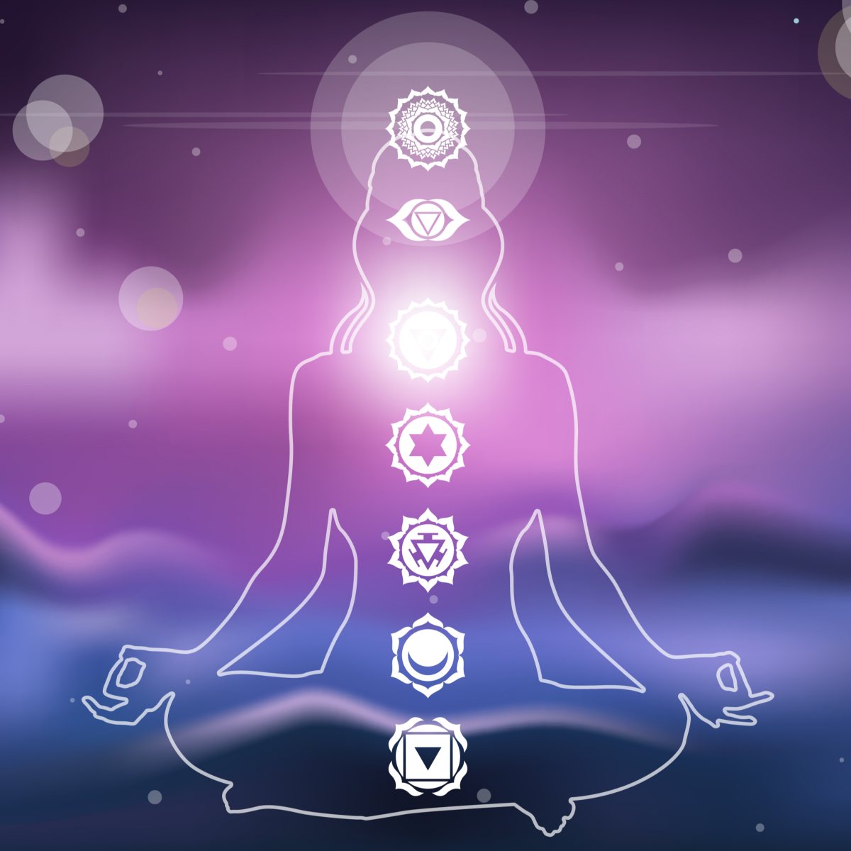 Outline of a meditating figure with seven chakra symbols on a purple and blue gradient background.