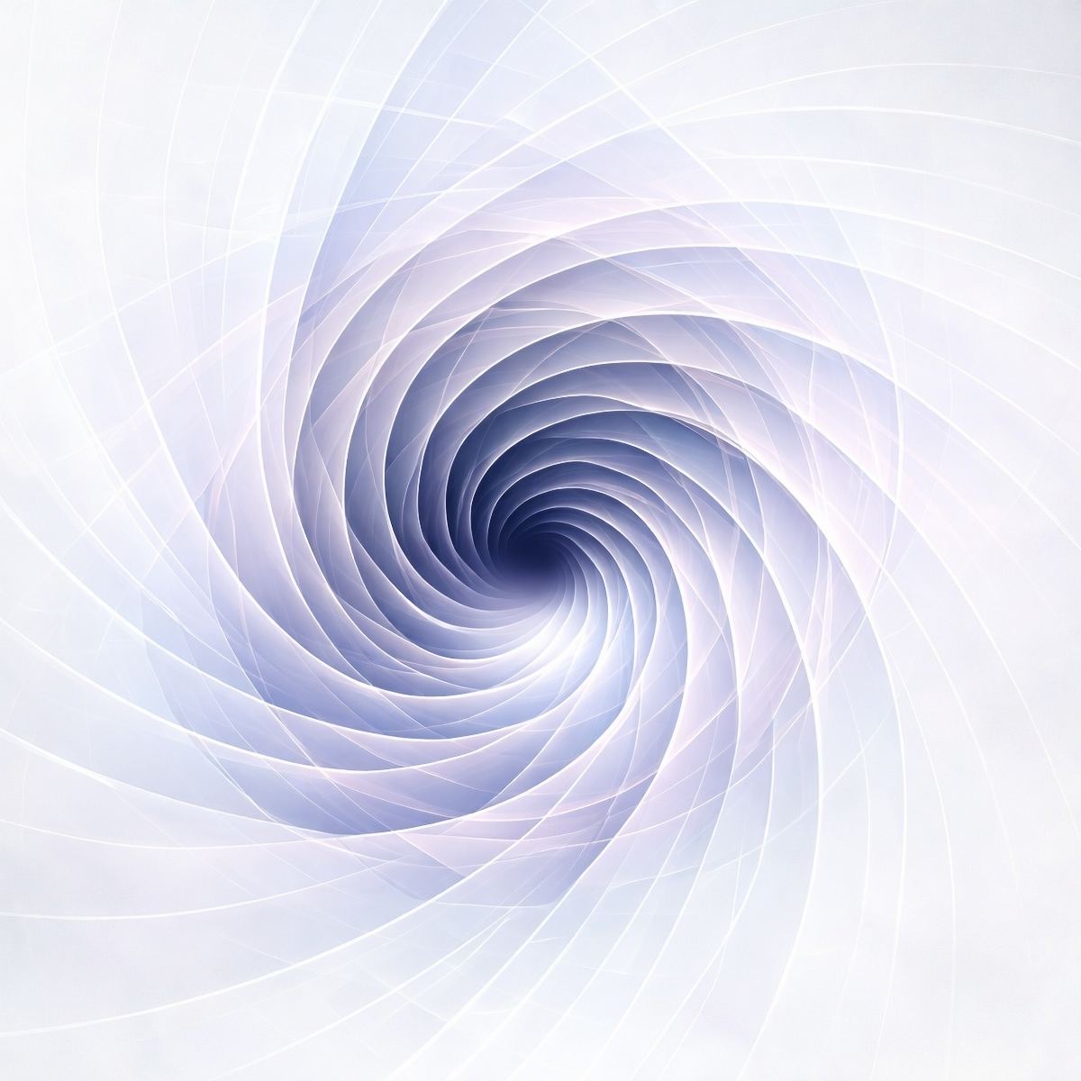 An ethereal black, grey, and white digital vortex with translucent, swirling geometric ribbons spiralling inward.