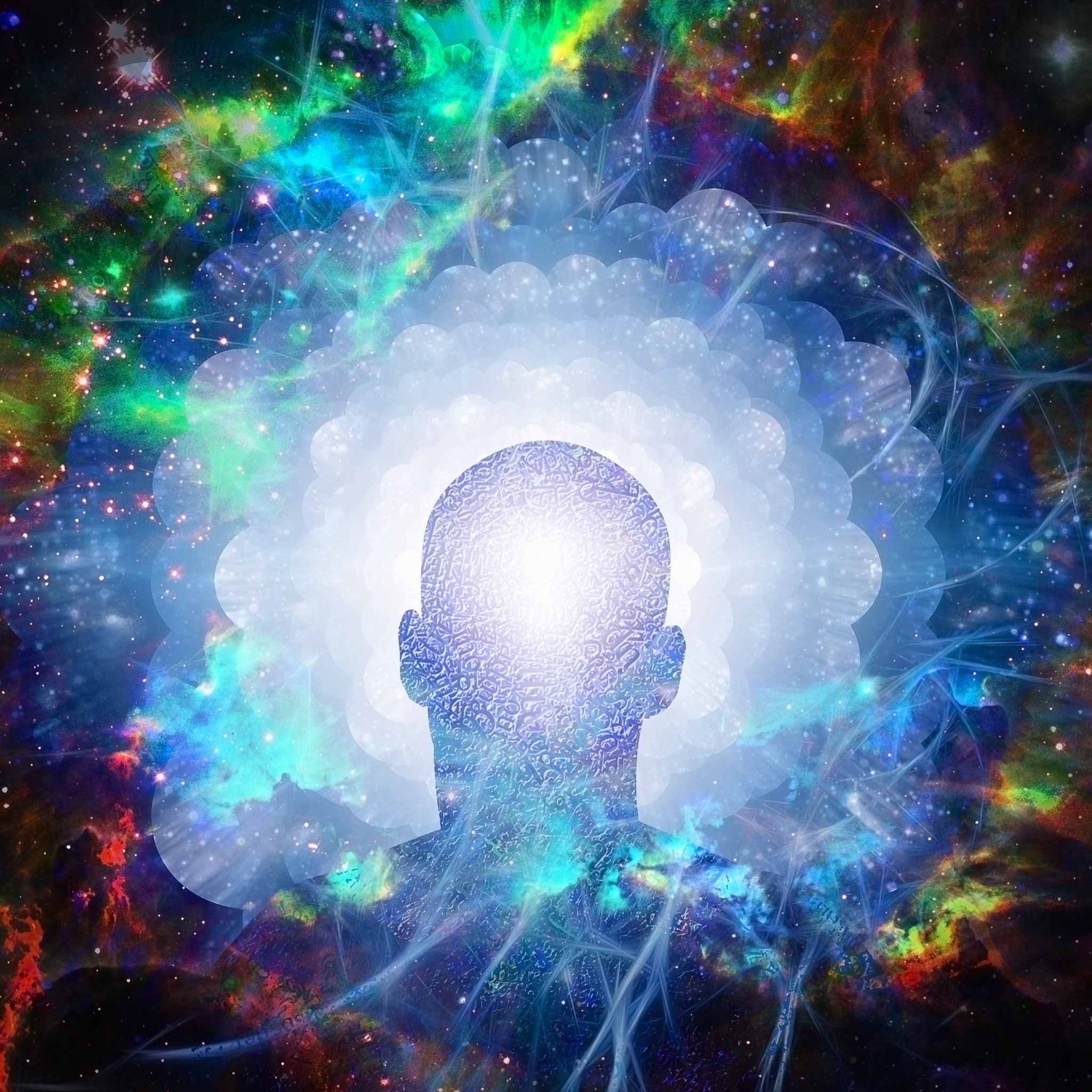 A digital abstract painting of a silhouetted human head and shoulders, set against a vibrant, multi-coloured galaxy background of stars and nebula. The head is encircled by multiple glowing white floral or layered aura rings, representing shamanic awakening.