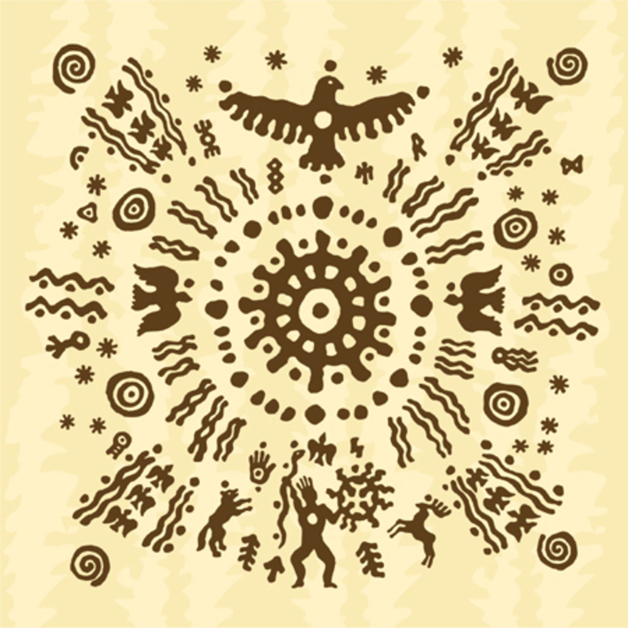 An ancient, indigenous-style circular pattern featuring abstract figures, animals (like birds and deer), waves, stars, and concentric circles in dark brown on a light beige background, evoking shamanic traditions and earth wisdom.