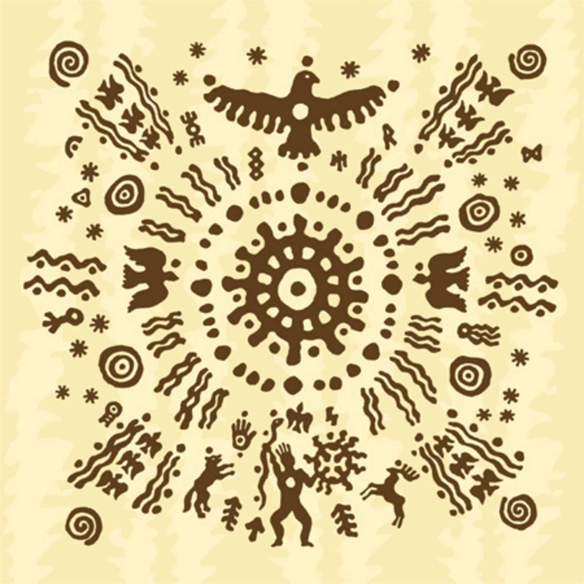 An ancient, indigenous-style circular pattern featuring abstract figures, evoking shamanic traditions.