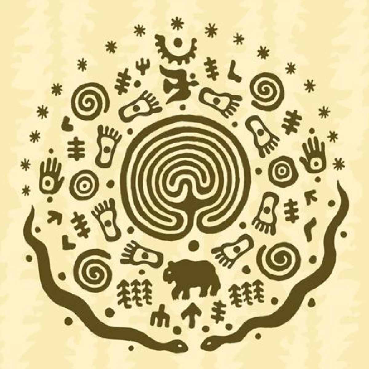 Circular design with various shamanic symbols on a beige background.