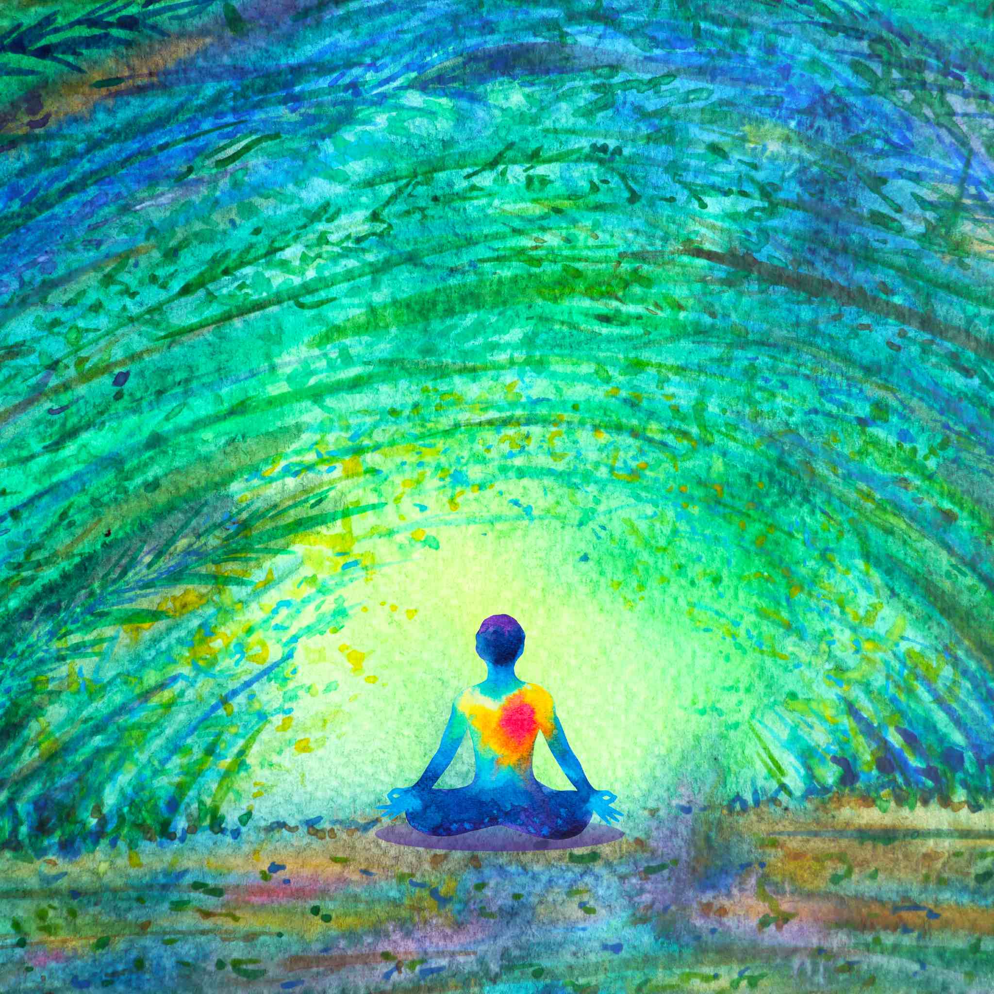 A vibrant watercolour illustration featuring a person in a meditation pose (lotus position) within a glowing, arched tunnel of green and blue foliage. The person's body is dark blue, with a patch of glowing yellow and orange light on their chest, representing a central chakra. This image symbolises a deep meditation or shamanism rite.