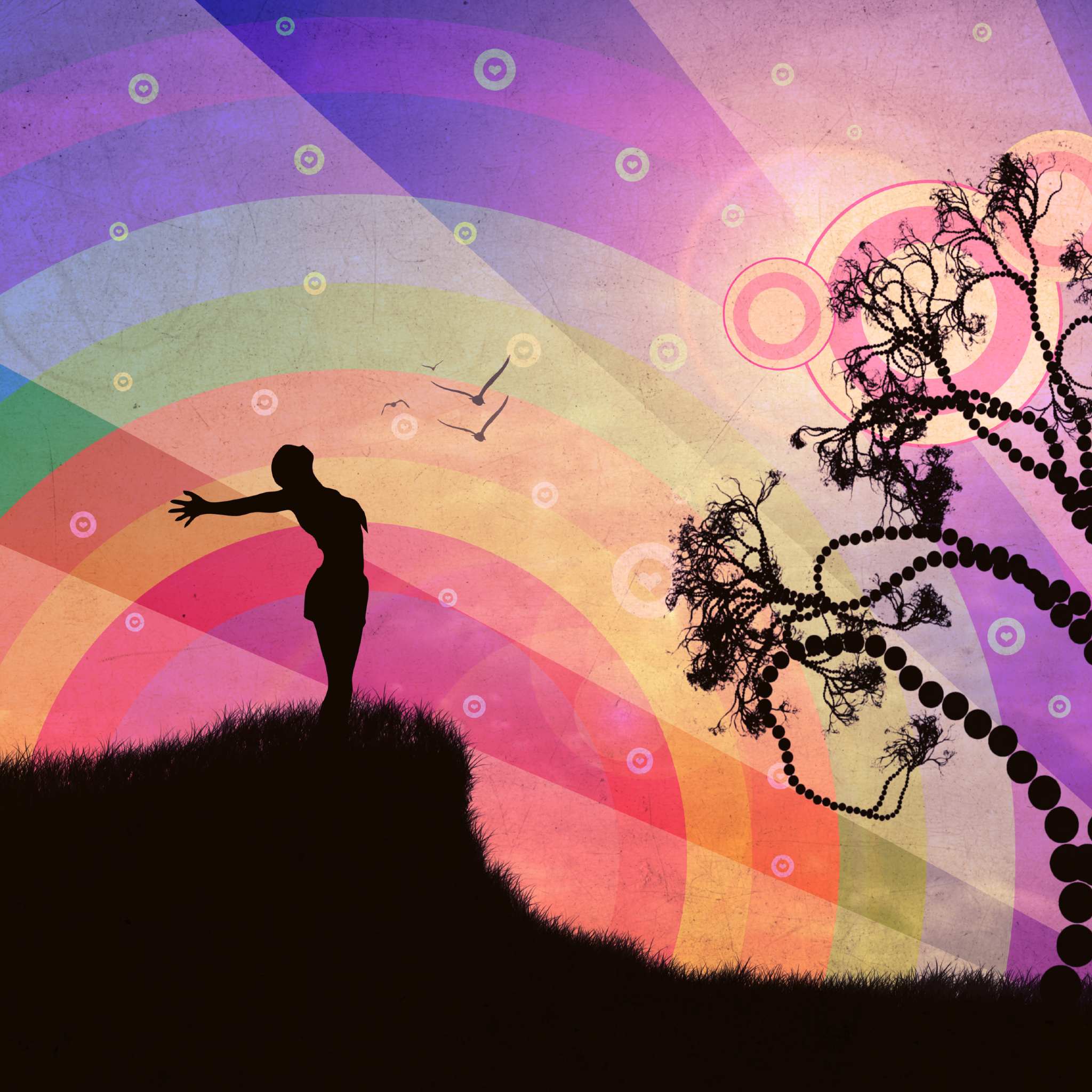 A silhouette standing on a hill, arms open to a vibrant rainbow sky with a beaded, artistic tree representing renewal.