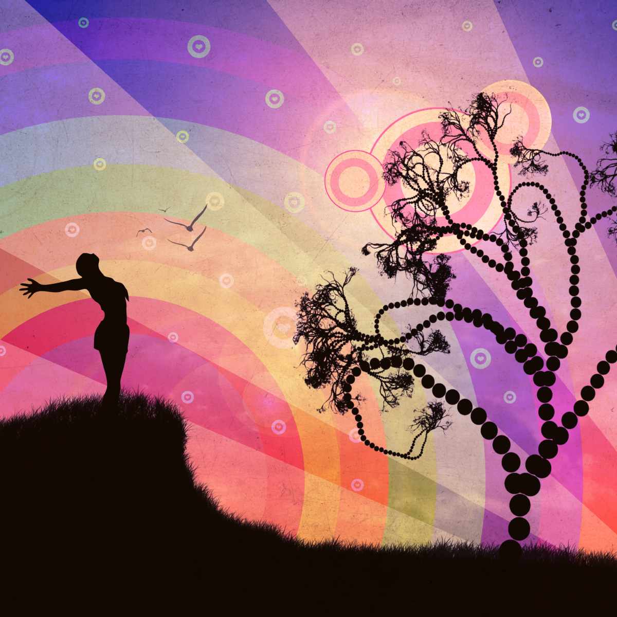 Silhouette of a person and tree against a colourful, abstract background.
