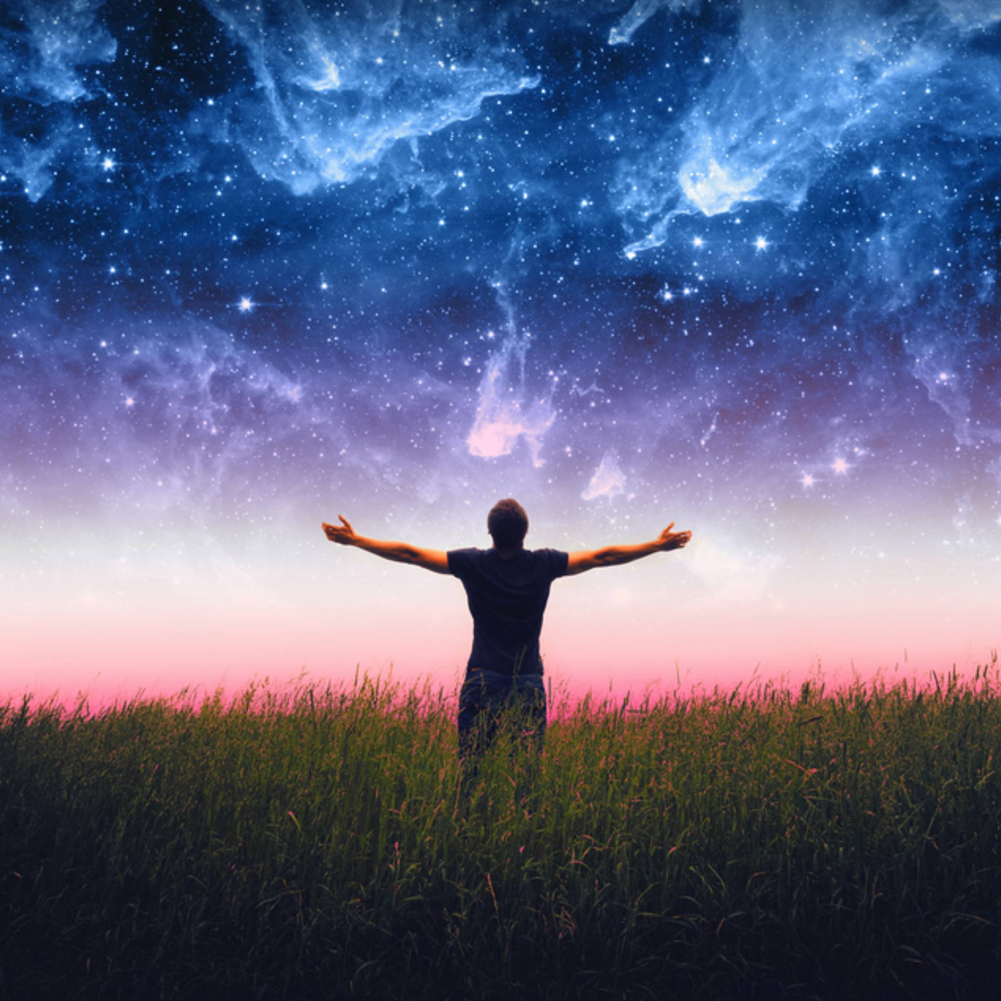 A silhouette of a person standing in a field of tall grass with their arms stretched wide to the sides, looking up at the sky. Above them is a vibrant night sky filled with bright stars and blue, swirling nebula, powerfully illustrating soul family connection. The horizon features a dark pink and orange gradient.