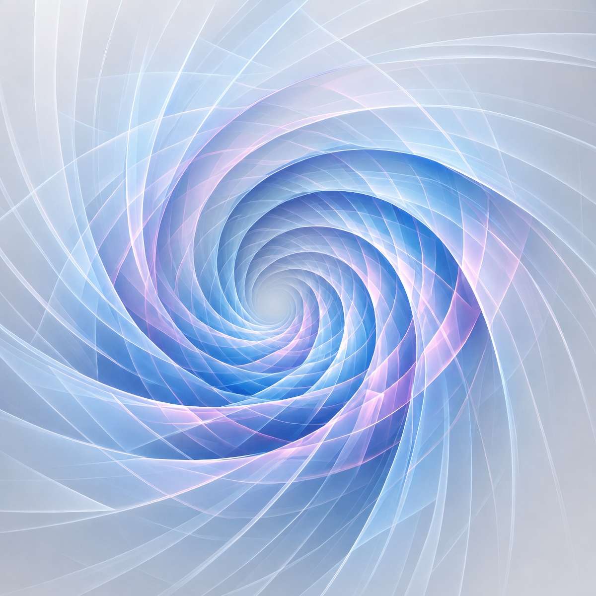 A soft blue and lavender digital vortex featuring swirling, translucent geometric ribbons spiralling into a white centre.