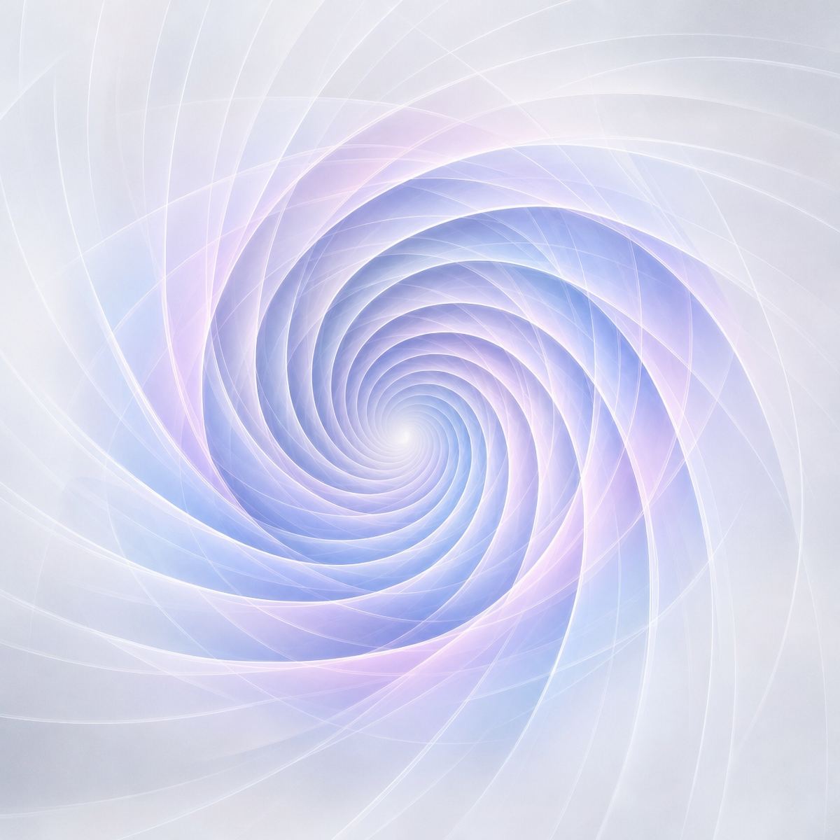 An ethereal white, pale violet, and sky-blue digital vortex with translucent geometric ribbons spiralling inward.