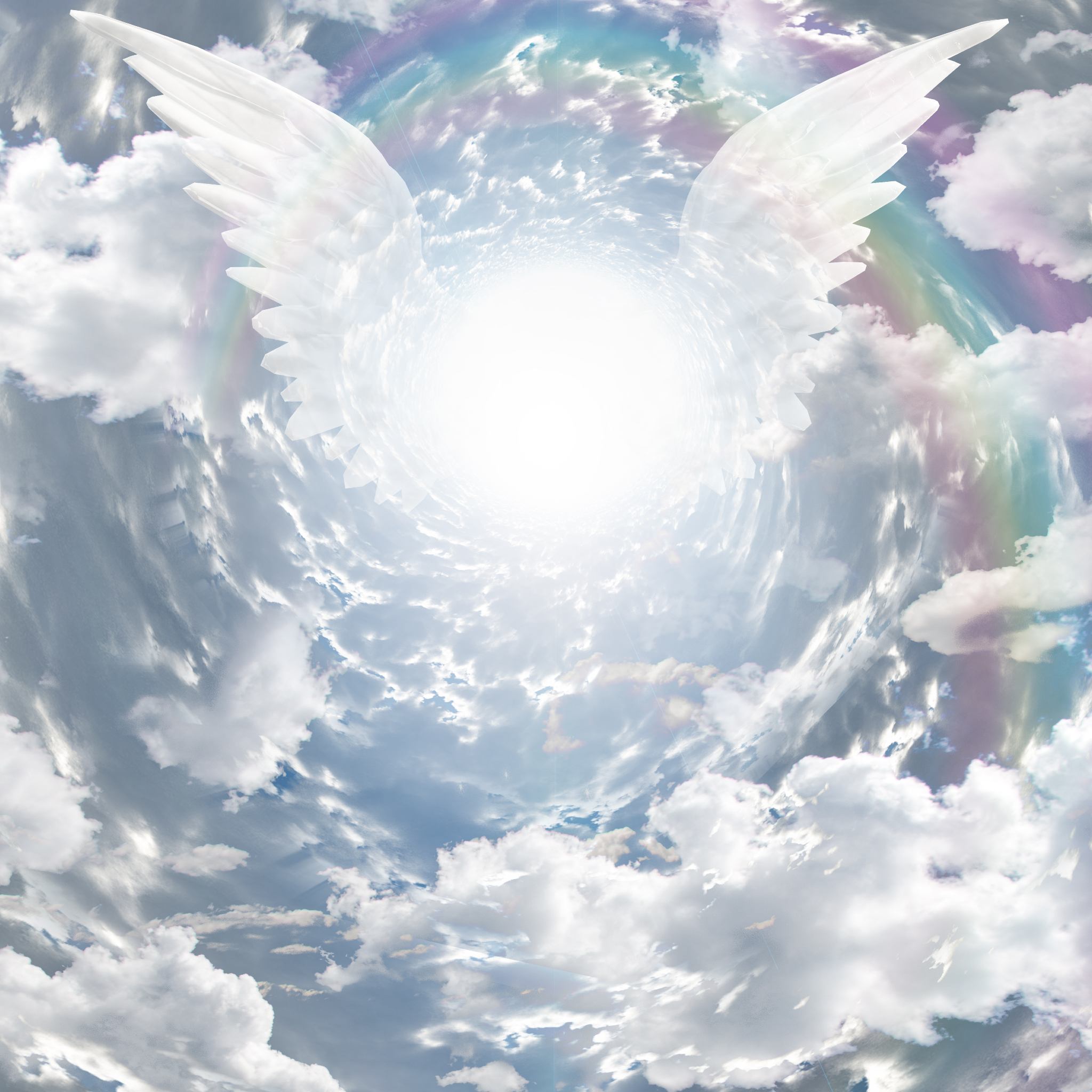A digitally manipulated image featuring a pair of large, white angel wings extending outwards from a central vortex of bright light in the sky. The light is surrounded by a halo of rainbow colours and soft, white clouds, visually representing spiritual angelic protection.