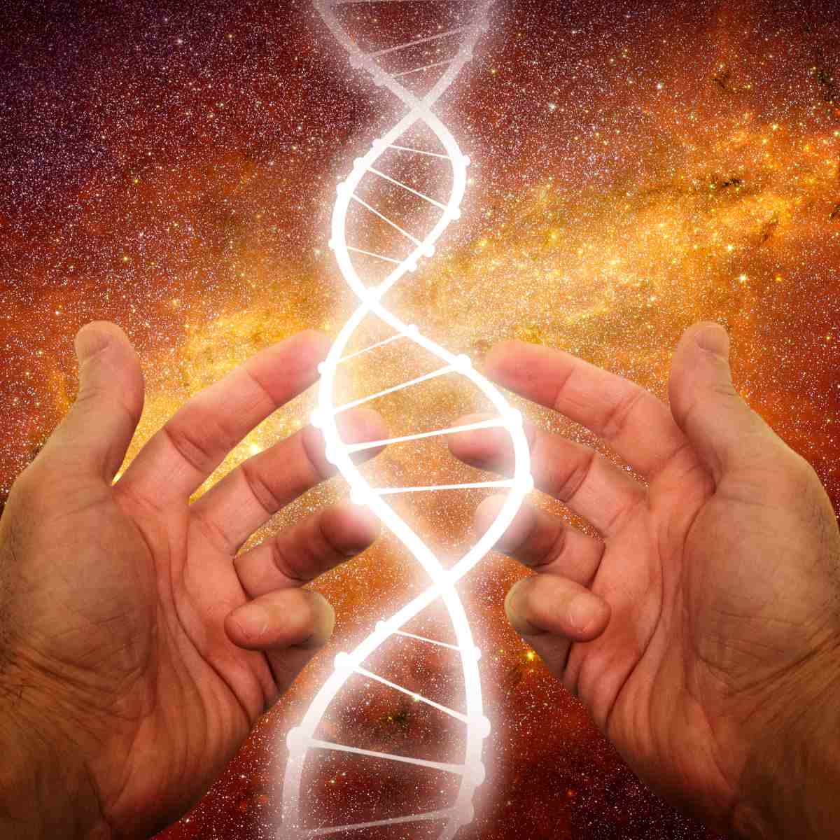 Two hands holding a DNA double helix against a starry space background.