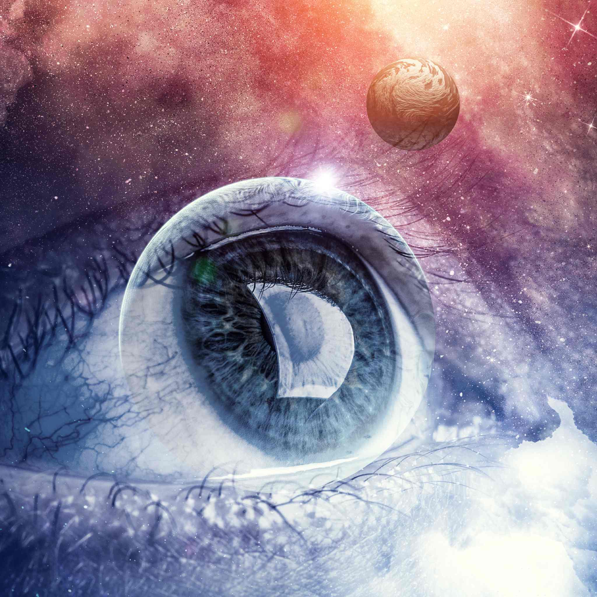A surreal, mystical close-up of a human eye with a massive, clear eyeball reflecting the cosmos and a distant planet, set against a background of red, purple, and starry celestial dust, symbolising psychic vision.