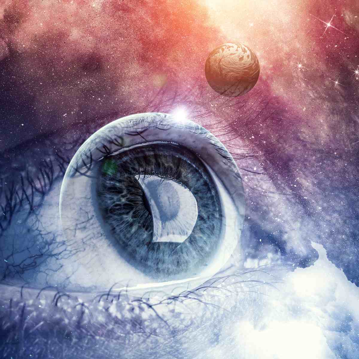 Artistic depiction of spiritual sight of an eye with a cosmic background and a planet.