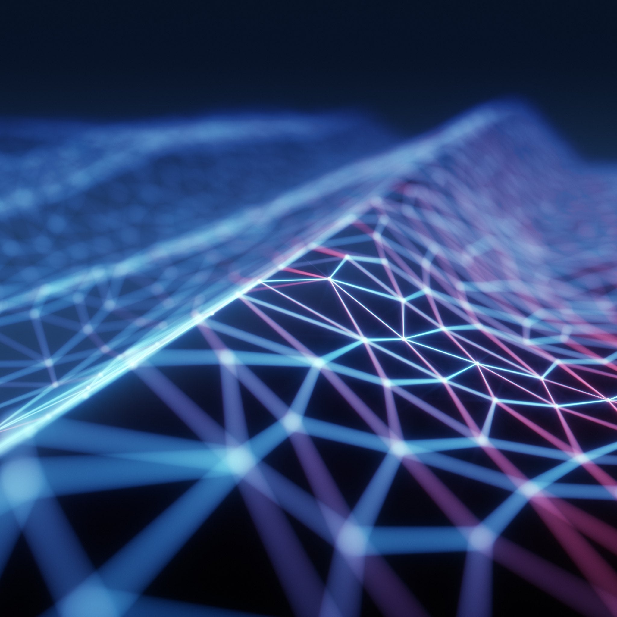 A close-up of a dark, digital network of neon blue and pink geometric lines and nodes, representing the cosmic energy of the starseed lineage clearing.