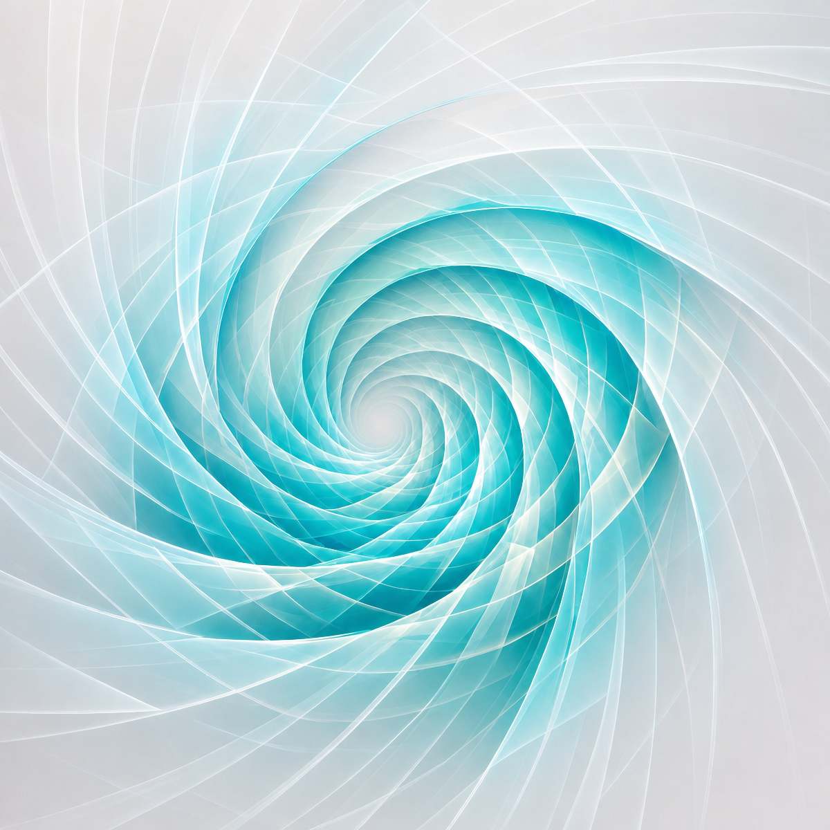 An ethereal white and vibrant turquoise digital vortex with translucent, swirling geometric light ribbons spiralling inward.