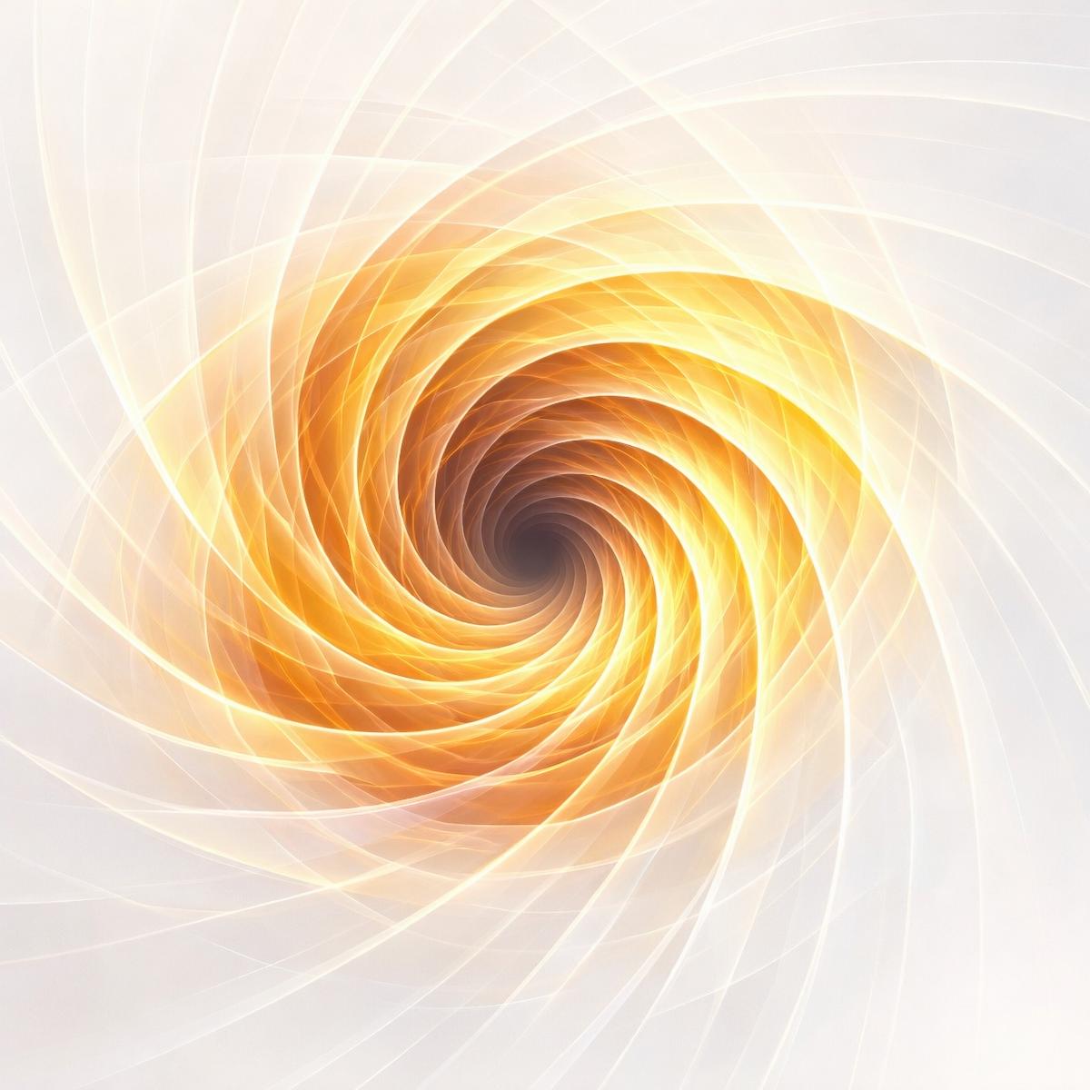 An ethereal white and golden-yellow digital vortex with translucent, swirling geometric light ribbons spiralling inward.