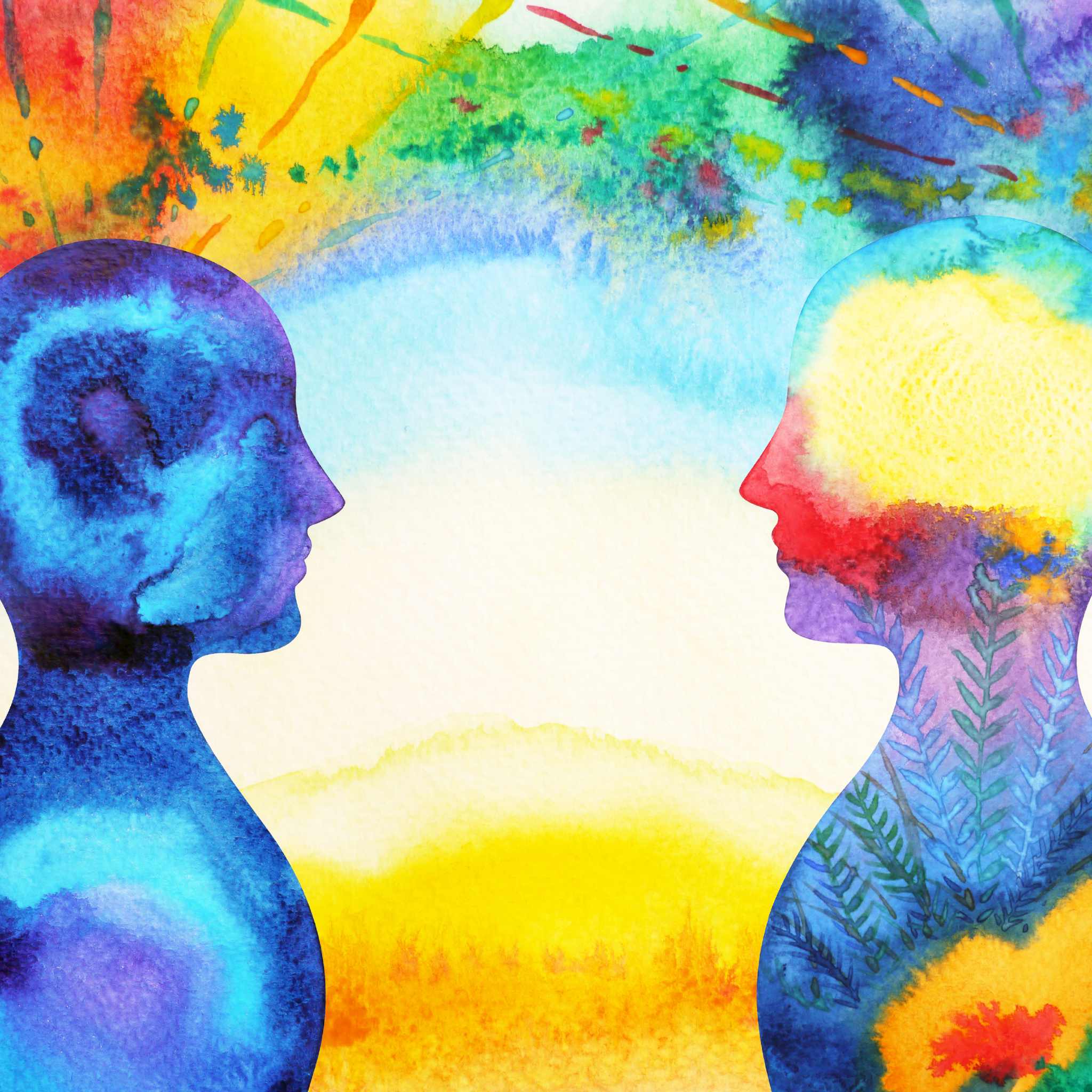 Telepathic Abilities Strengthening Dynamic Empowerment: abstract watercolour painting of two head silhouettes facing each other, one coloured blue and one filled with yellow and red light, set against a colourful, nature-like background.