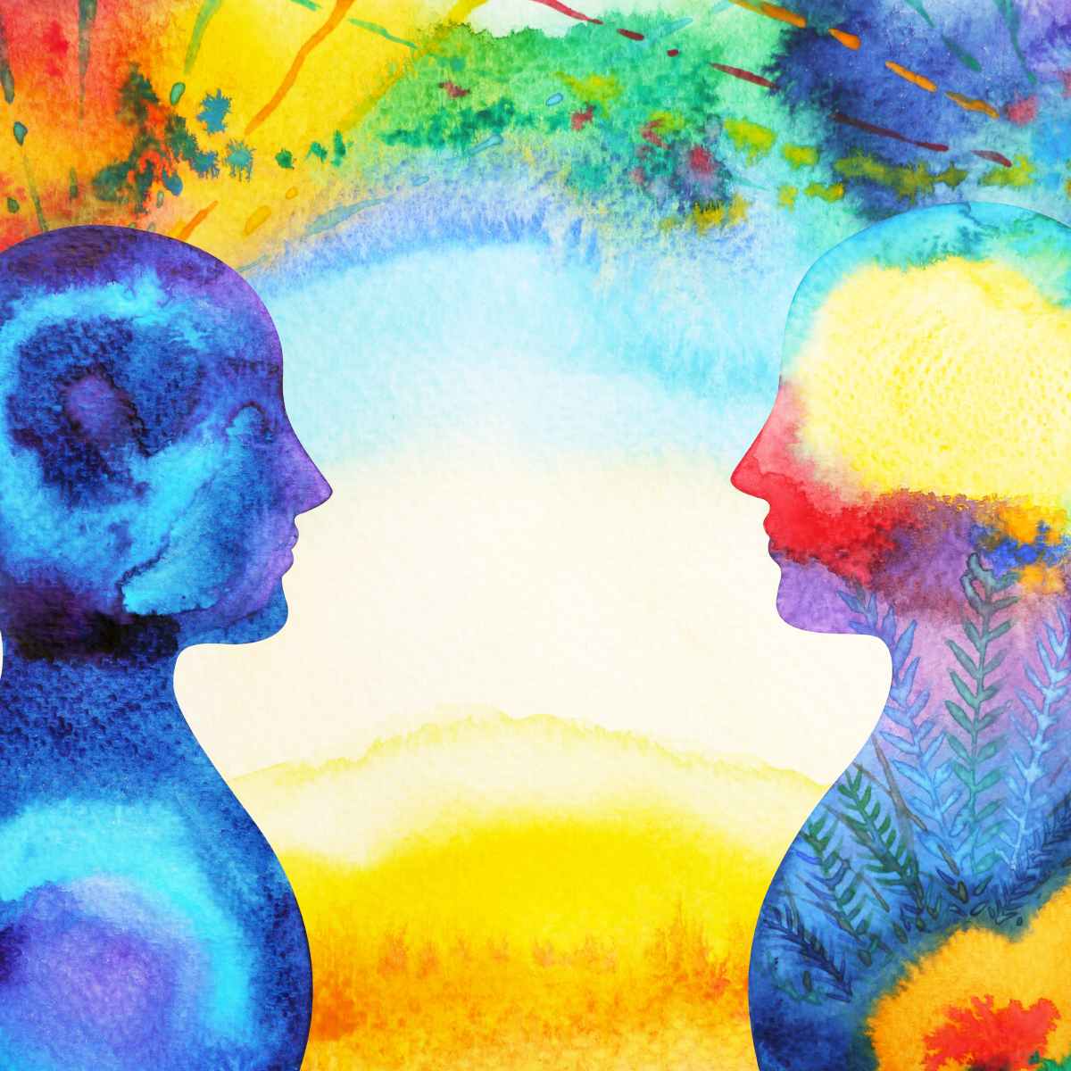 Colourful illustration of two profiles facing each other with a rainbow background.