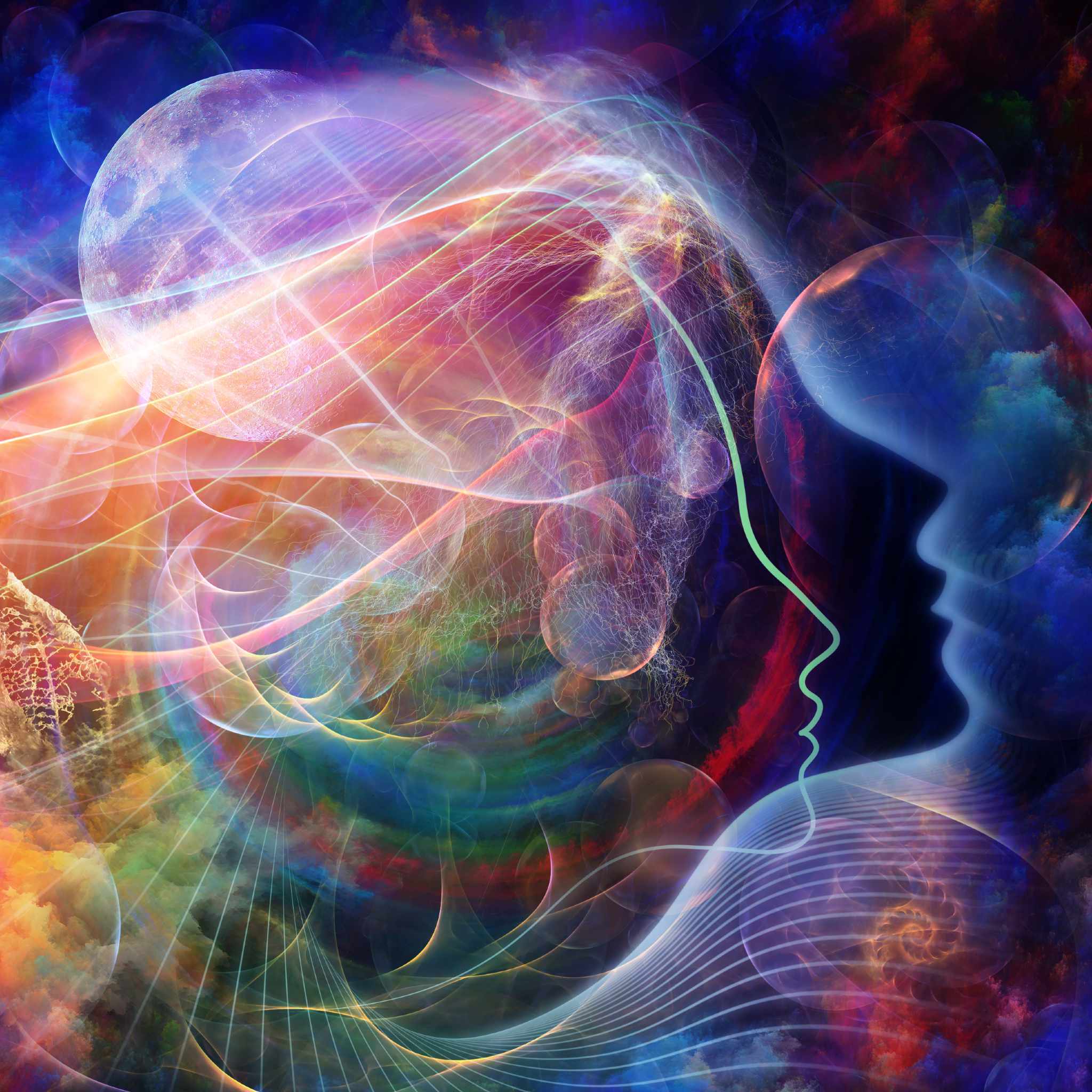 Telepathy Activation Maintenance Attunement: abstract illustration of two head silhouettes connected by a glowing line, surrounded by swirling cosmic energy and light.