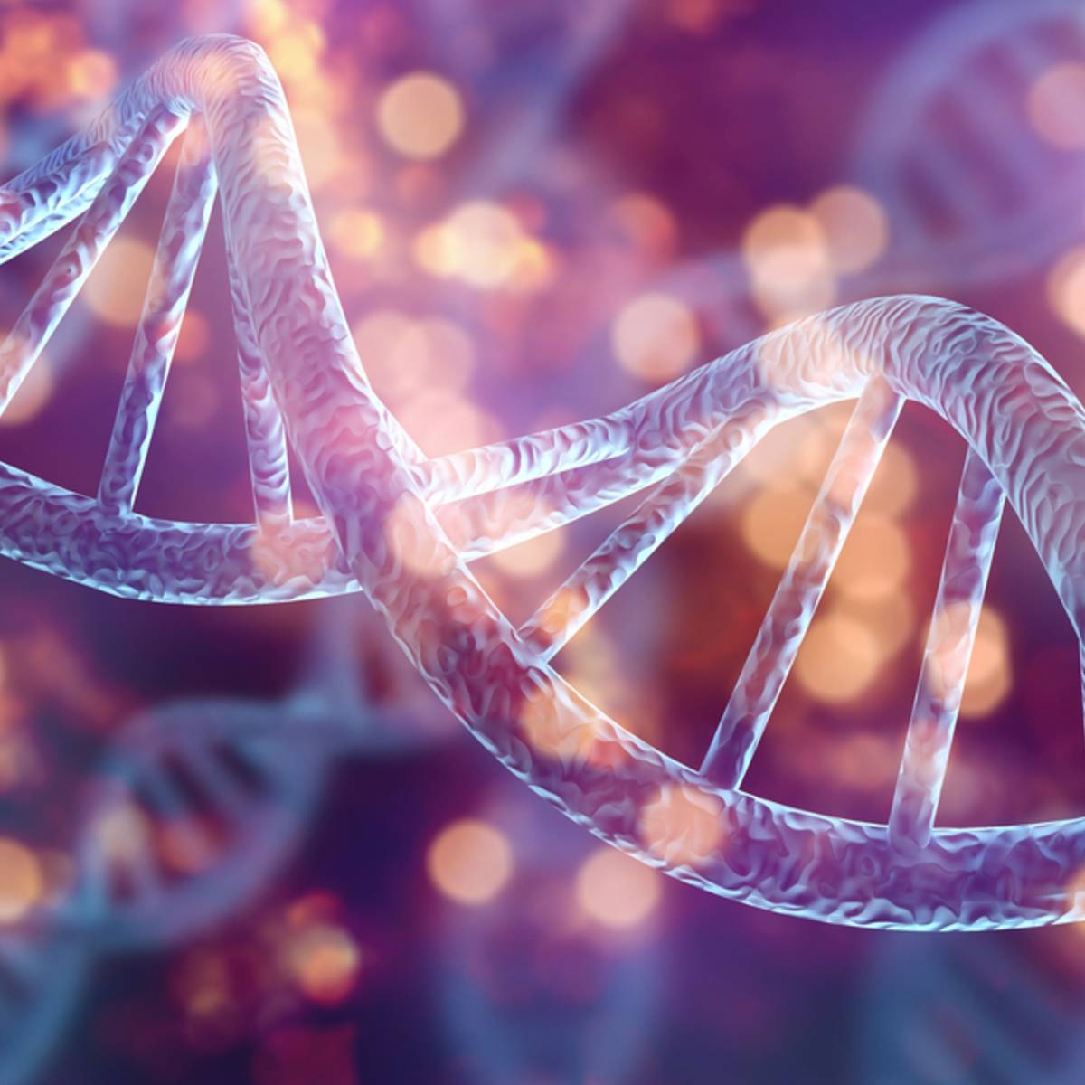 Glowing double helix DNA strand rendered in light purple and white against a warm golden bokeh background.