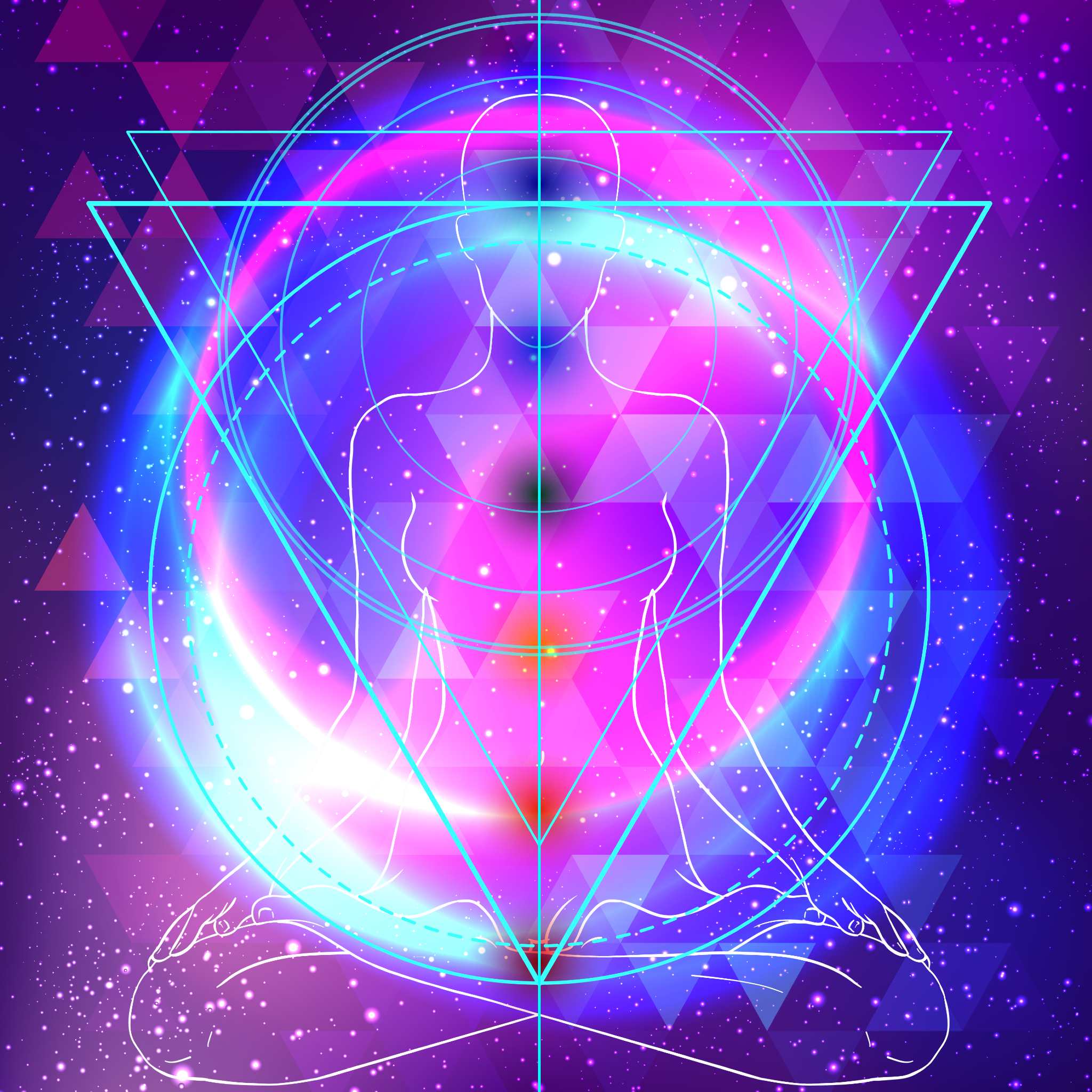 A psychedelic digital illustration featuring the outline of a figure meditating in the lotus position, superimposed over a cosmic, starry background in vibrant pink, purple, and blue. The figure is overlaid with glowing sacred geometry, including a triangle and circles, symbolising the intense mental focus and awakening of the third eye.