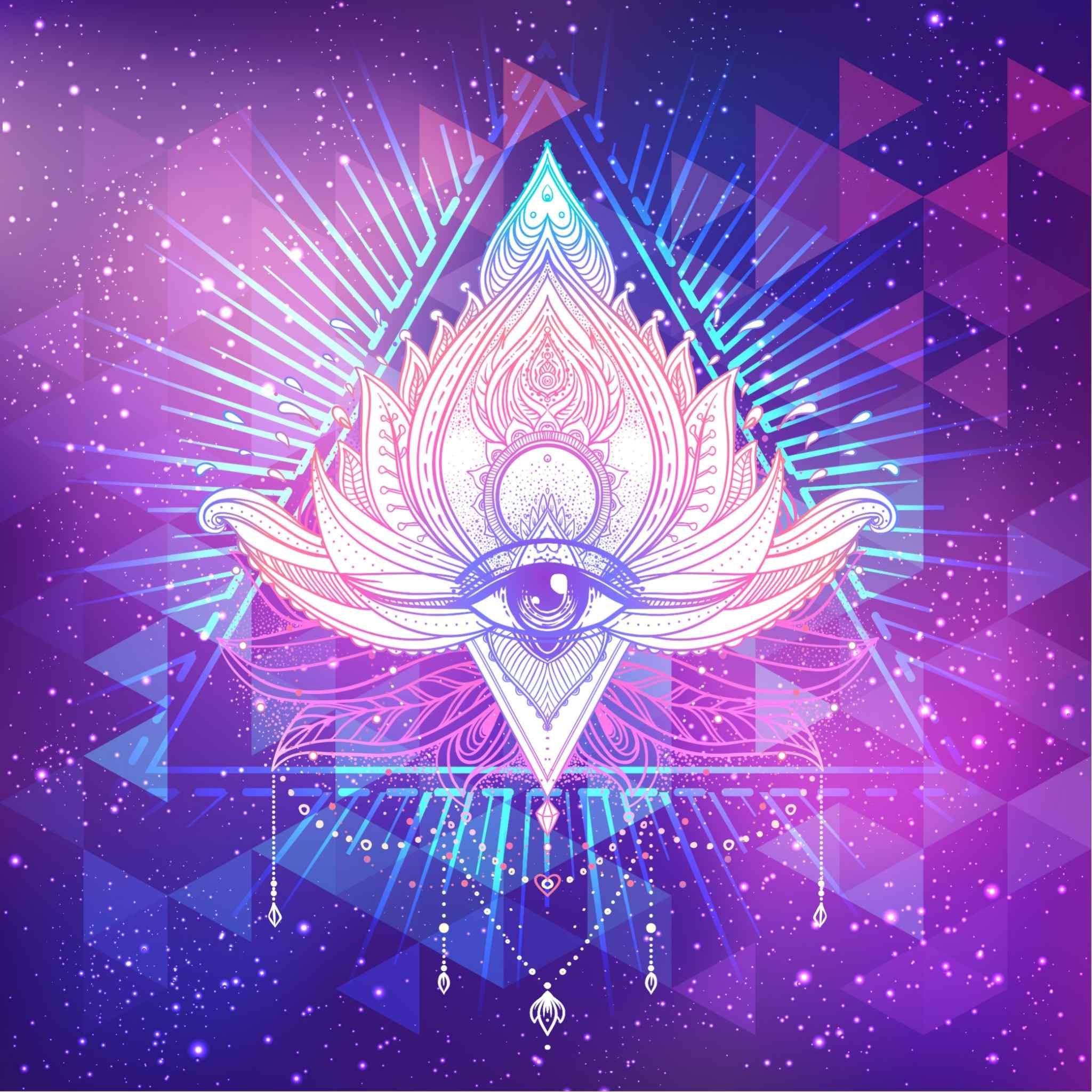 A vibrant, stylised illustration of a lotus flower with an open third eye symbol at its centre, surrounded by sacred geometry, stars, and radiating light in shades of pink, purple, and blue, representing intuition and spiritual awakening.
