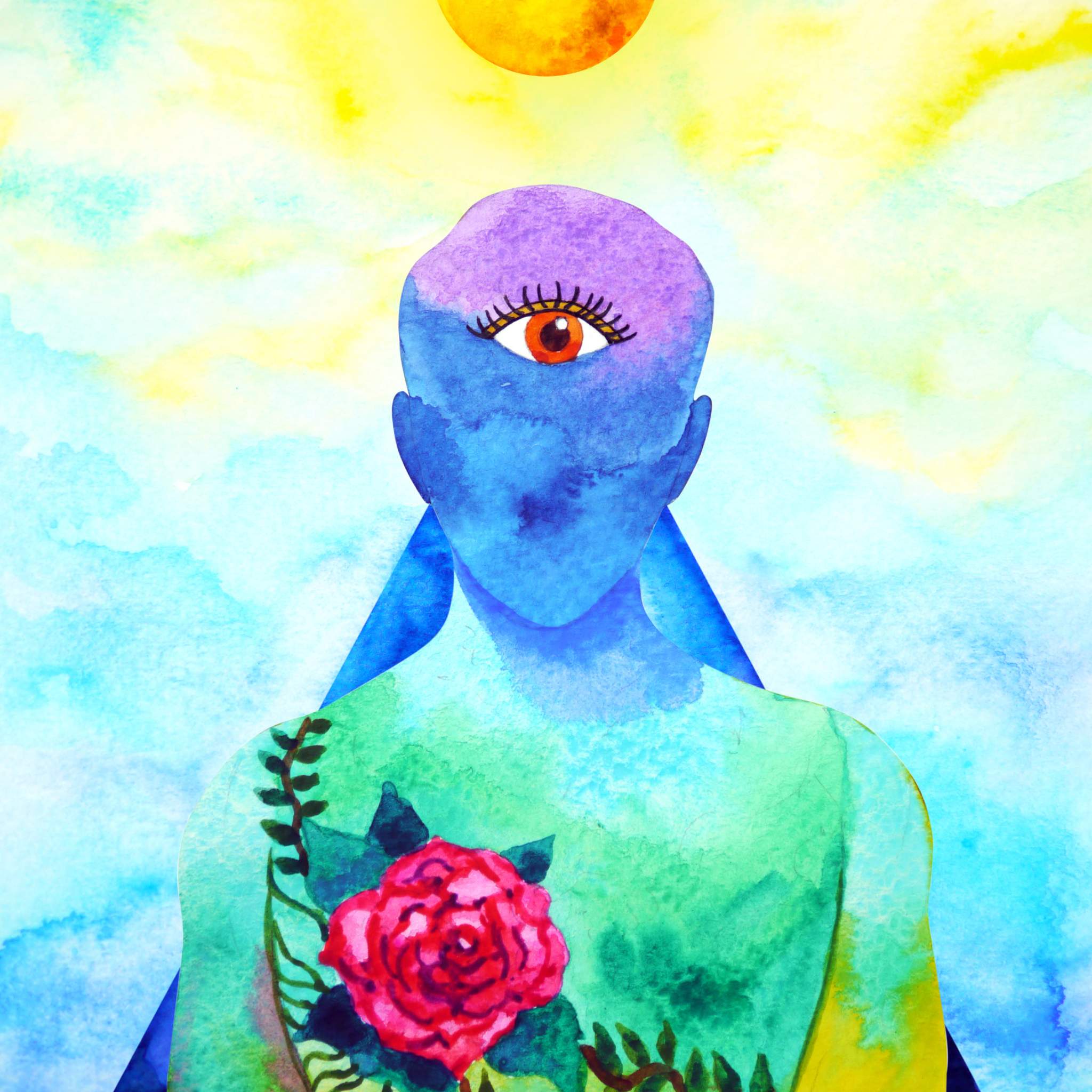 A colourful watercolour painting of a figure with blue and green skin standing in front of a blue pyramid shape and a sunny yellow sky. The figure has a bright red rose painted on their chest and a prominent eye on their forehead, symbolising the third eye or a spiritual rite.