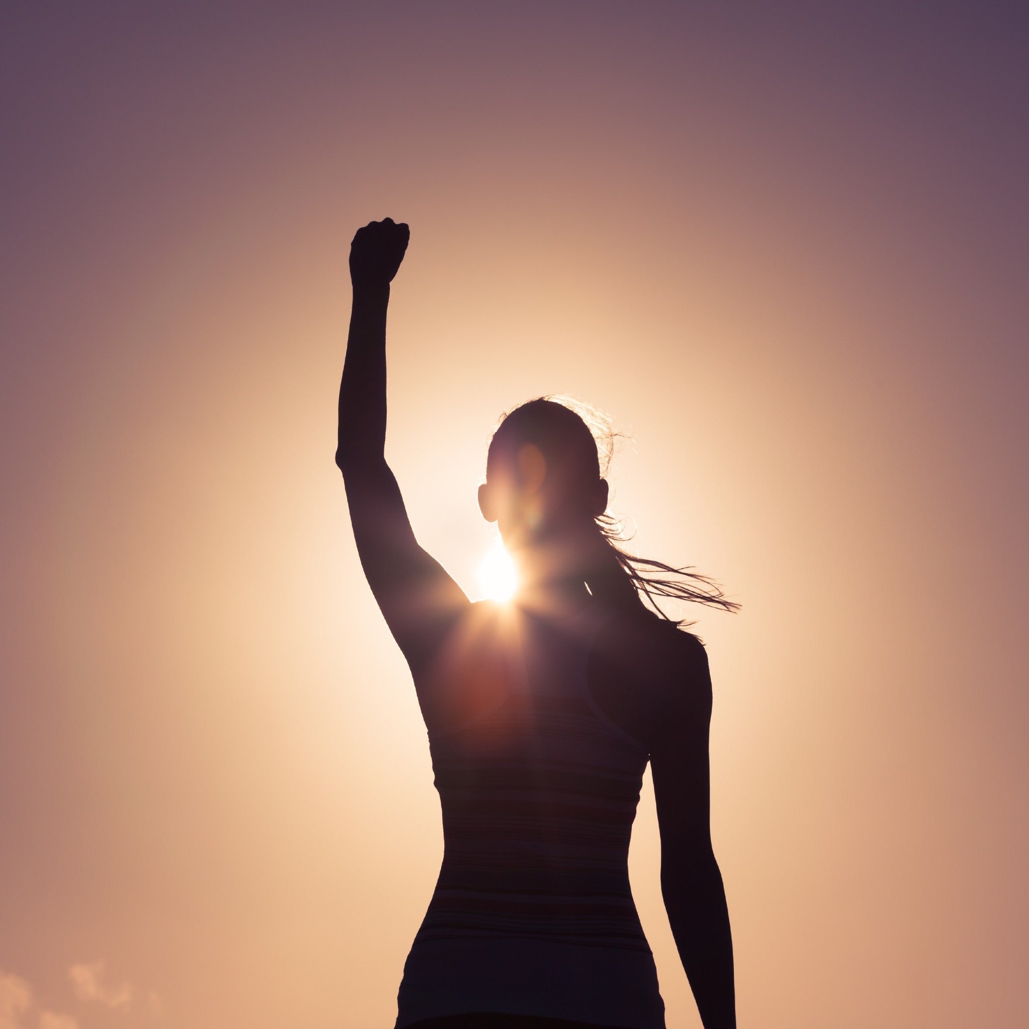 A silhouette of a person standing with their fist raised in an empowering gesture against a bright, golden sunset, symbolising strength, expression, and triumph.