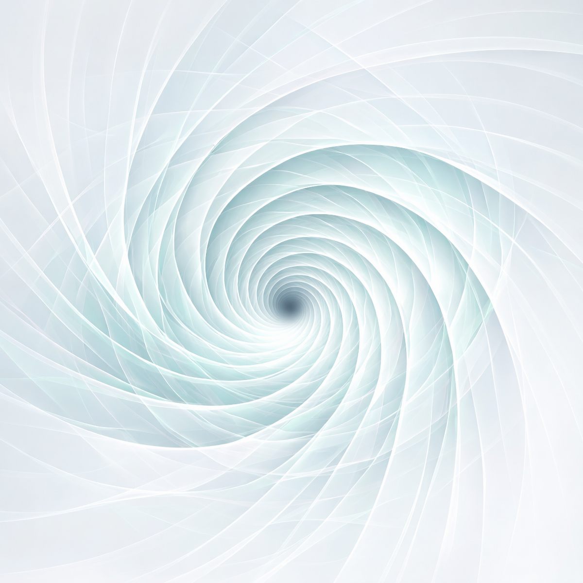 An ethereal white and pale mint digital vortex with translucent, swirling geometric light ribbons spiralling inward.