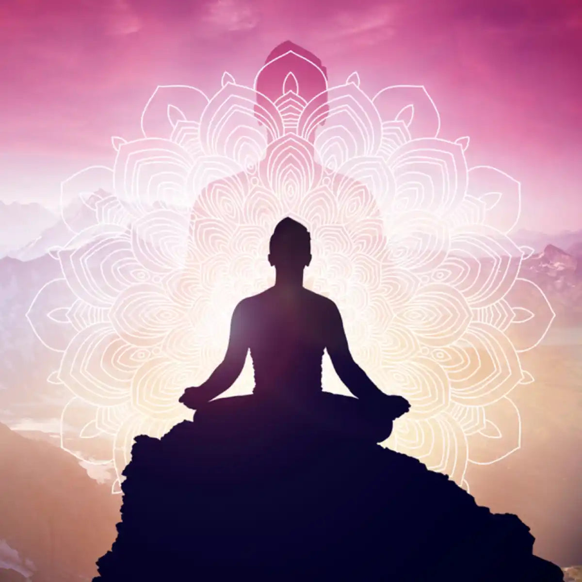 Person meditating in lotus pose with ethereal mandala and subtle mountain background, representing answers to energy healing treatment questions.