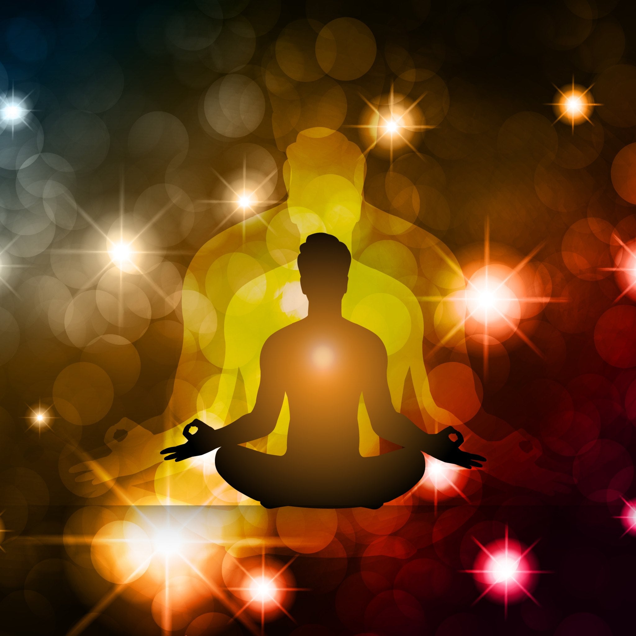 A meditating silhouette with a warm orange glow at the heart, layered over a large, golden ethereal presence, representing abundance 999 integration.